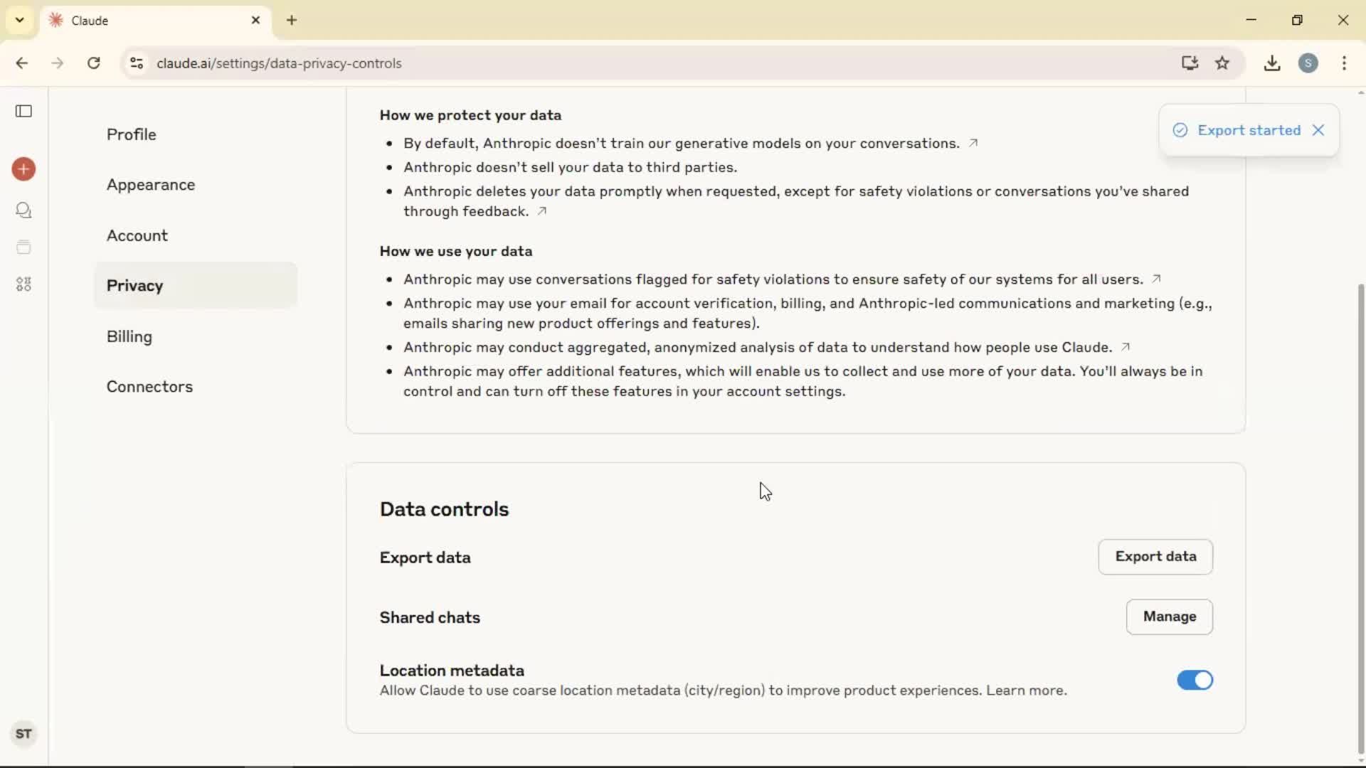 Exporting data screenshot