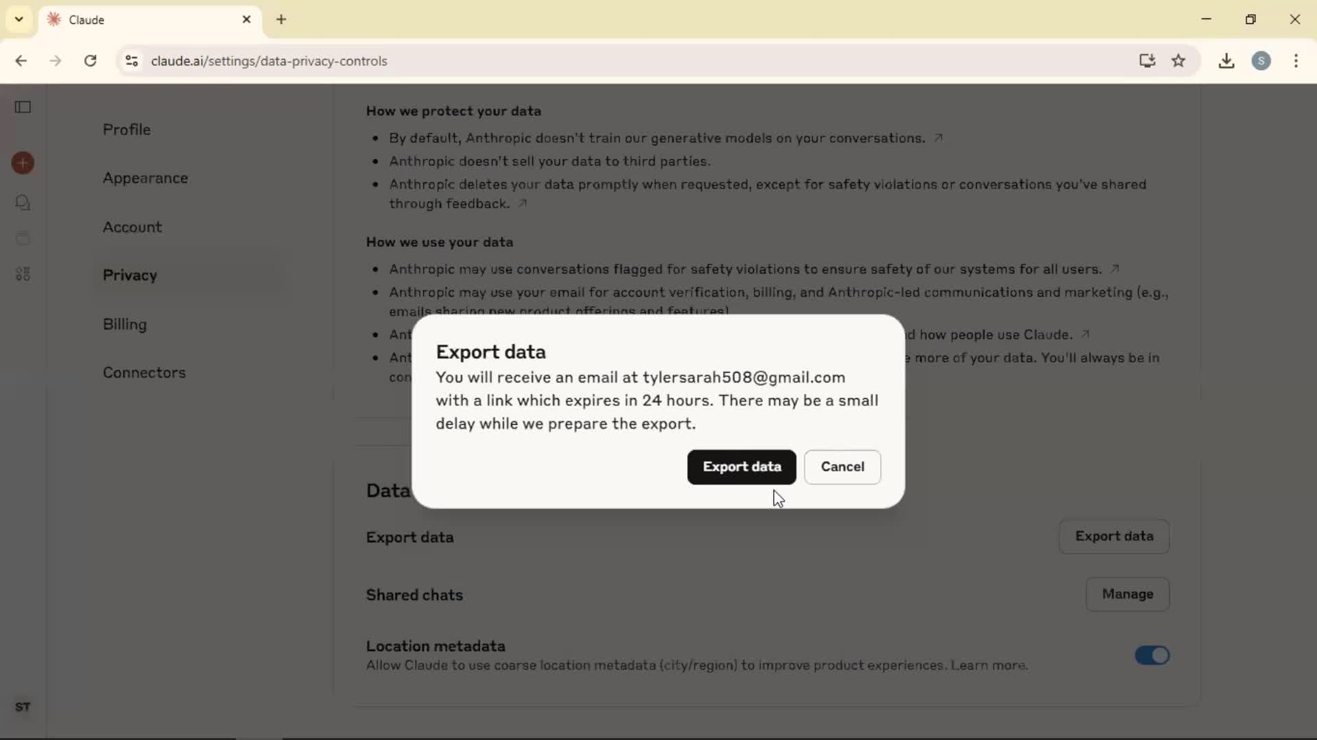 Exporting data screenshot