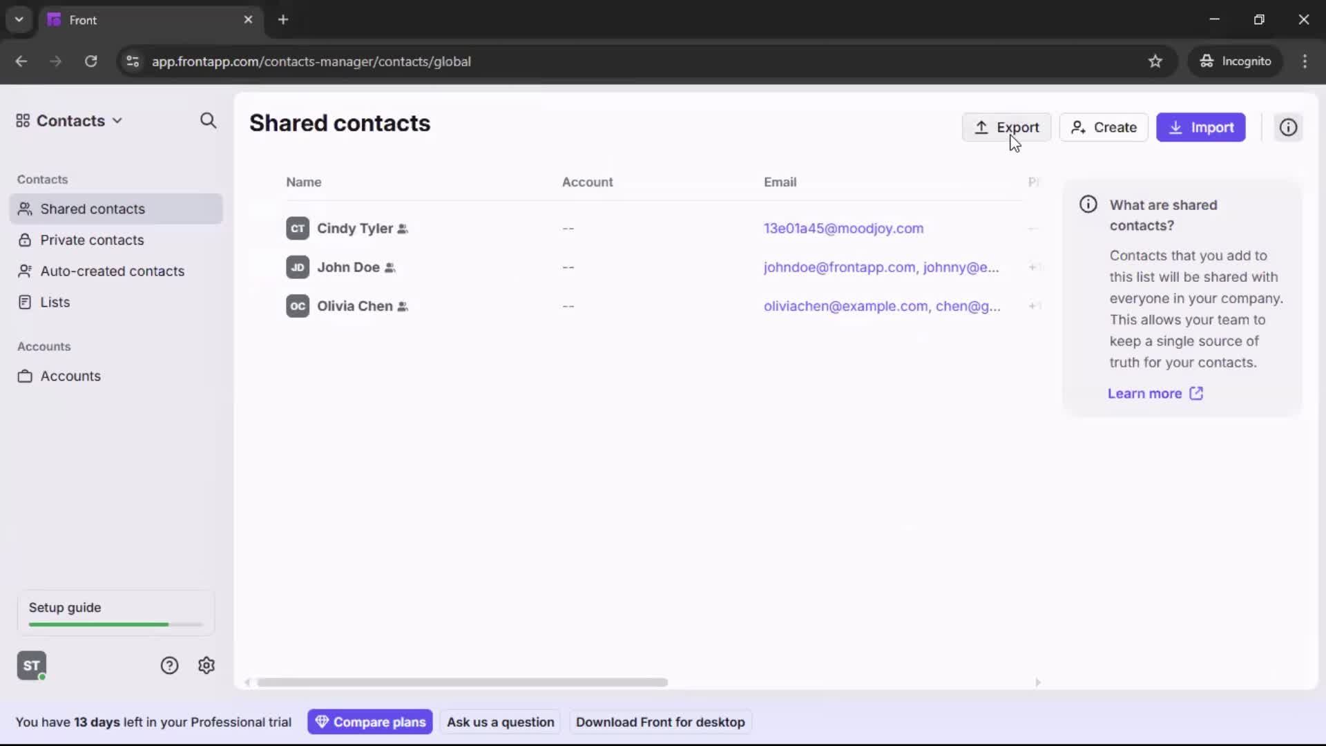 Exporting data screenshot