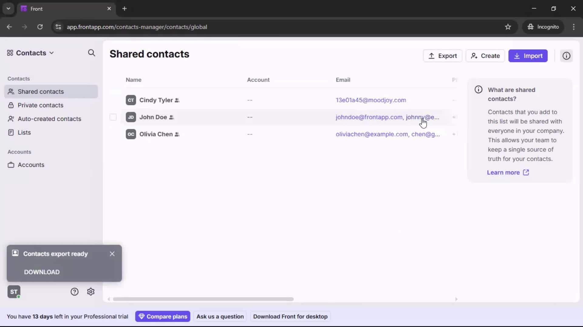Exporting data screenshot