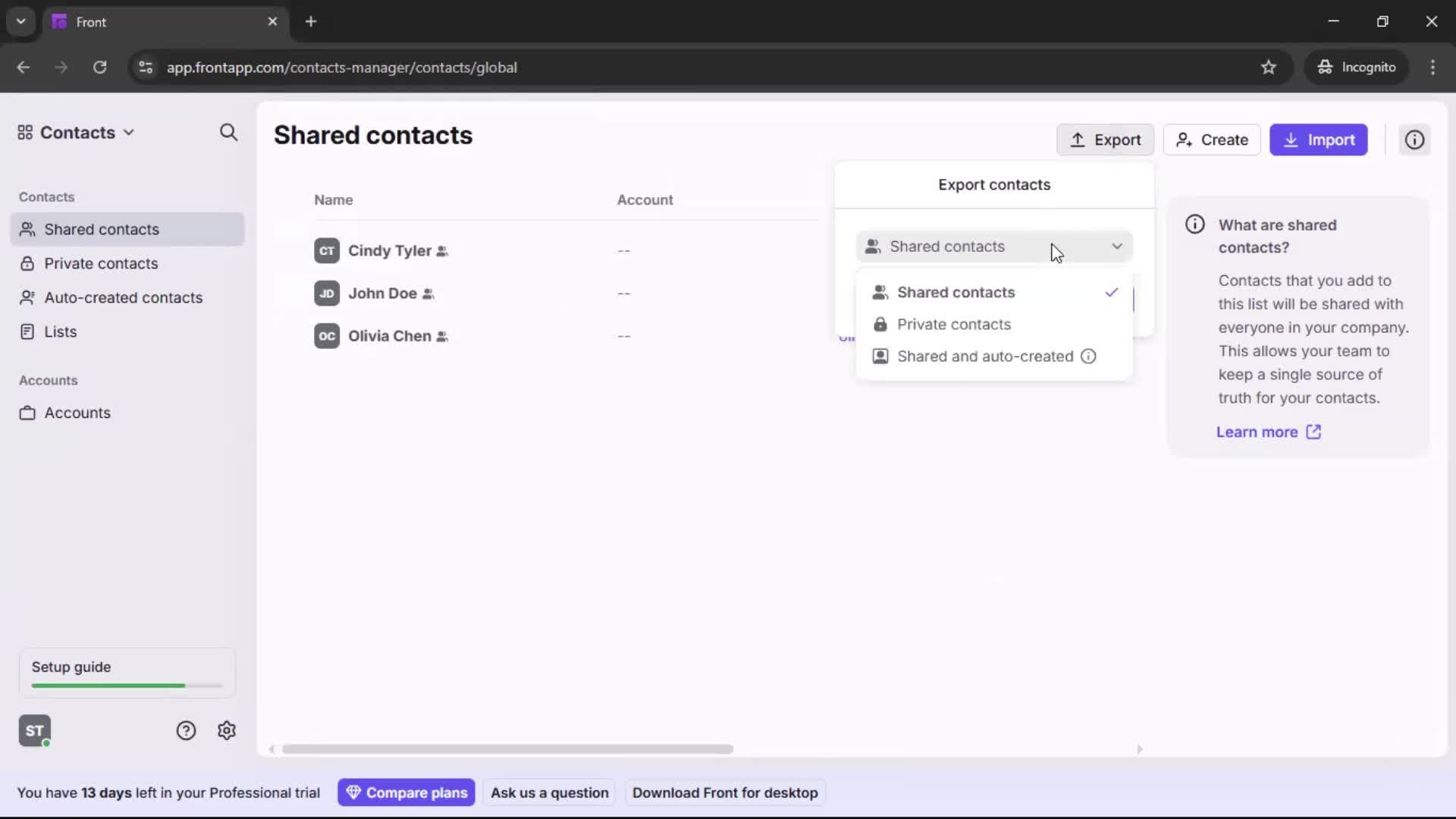 Exporting data screenshot