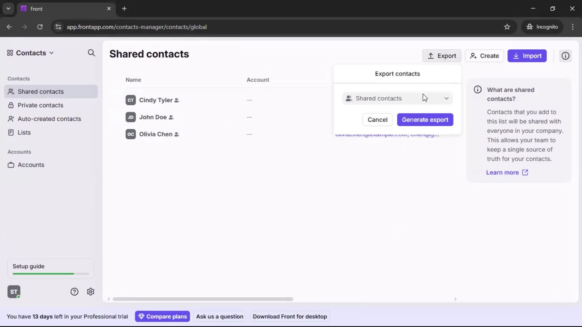 Exporting data screenshot