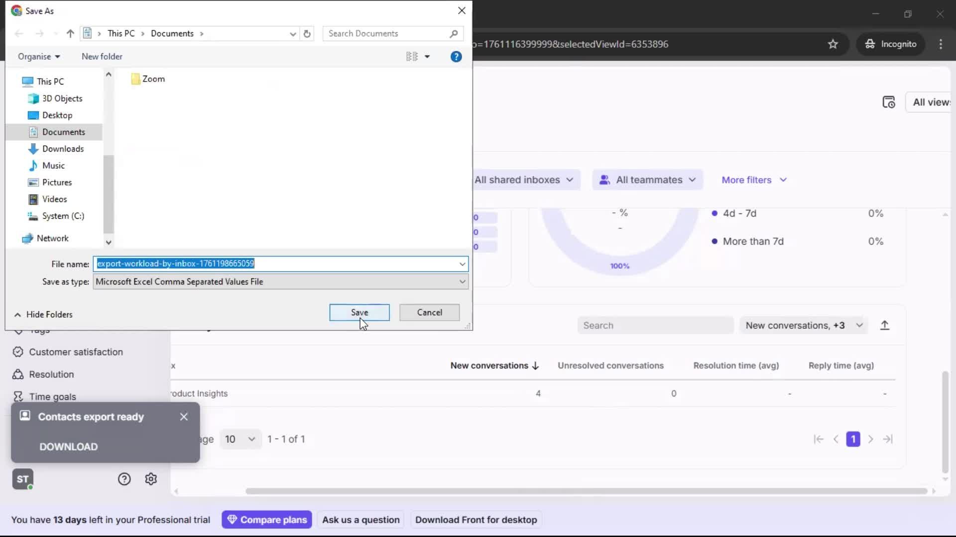 Exporting data screenshot
