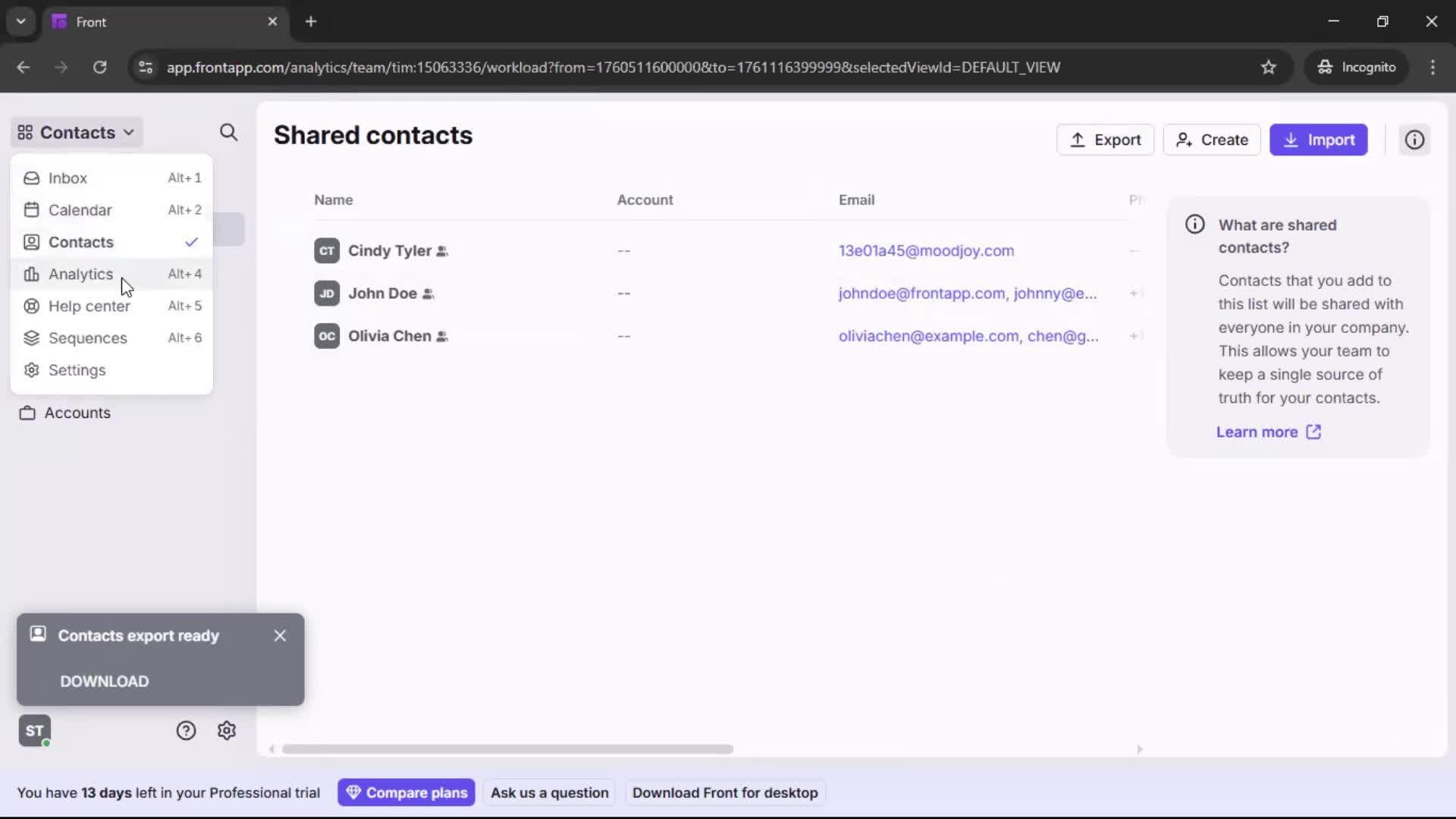 Exporting data screenshot