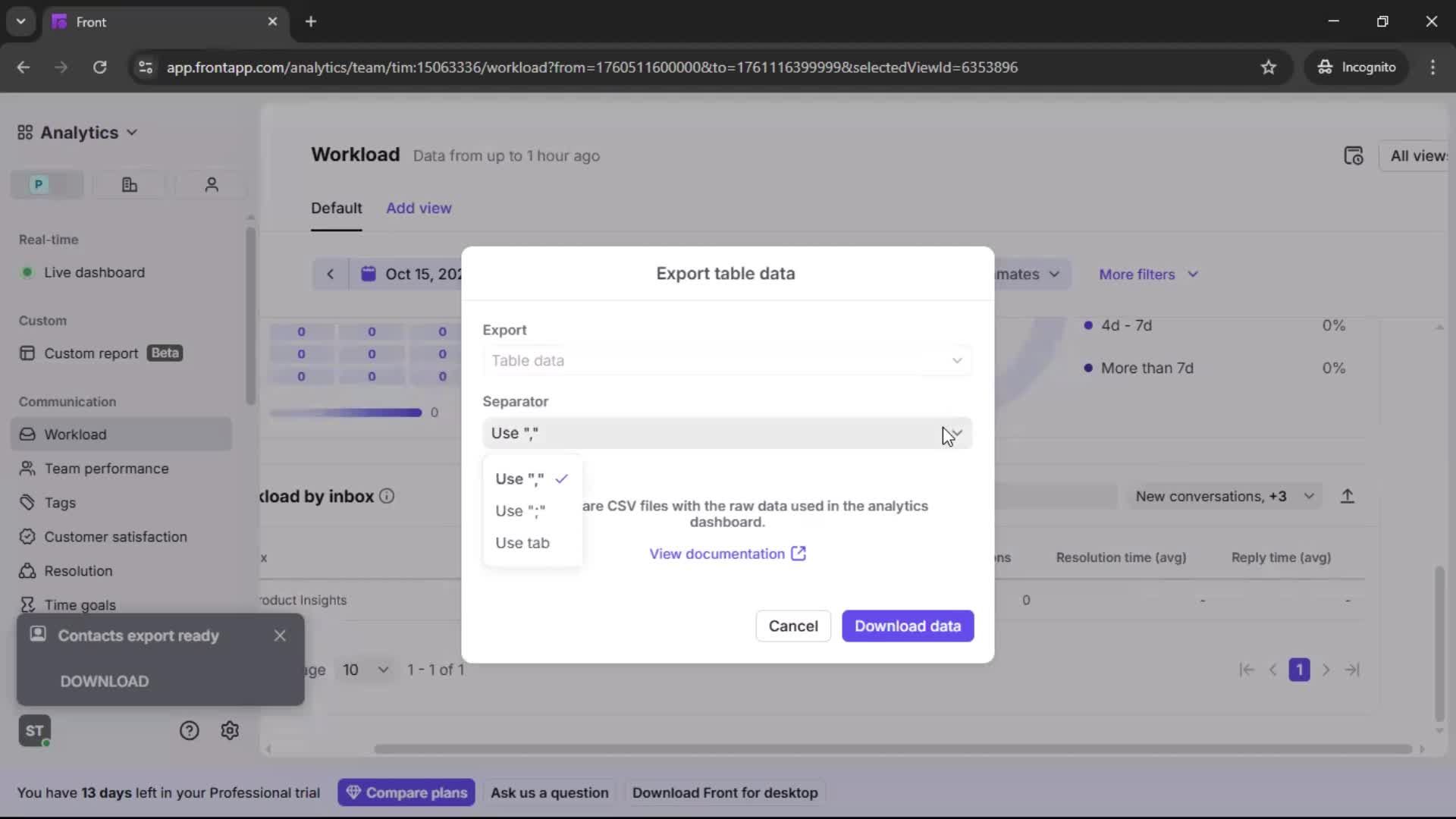 Exporting data screenshot