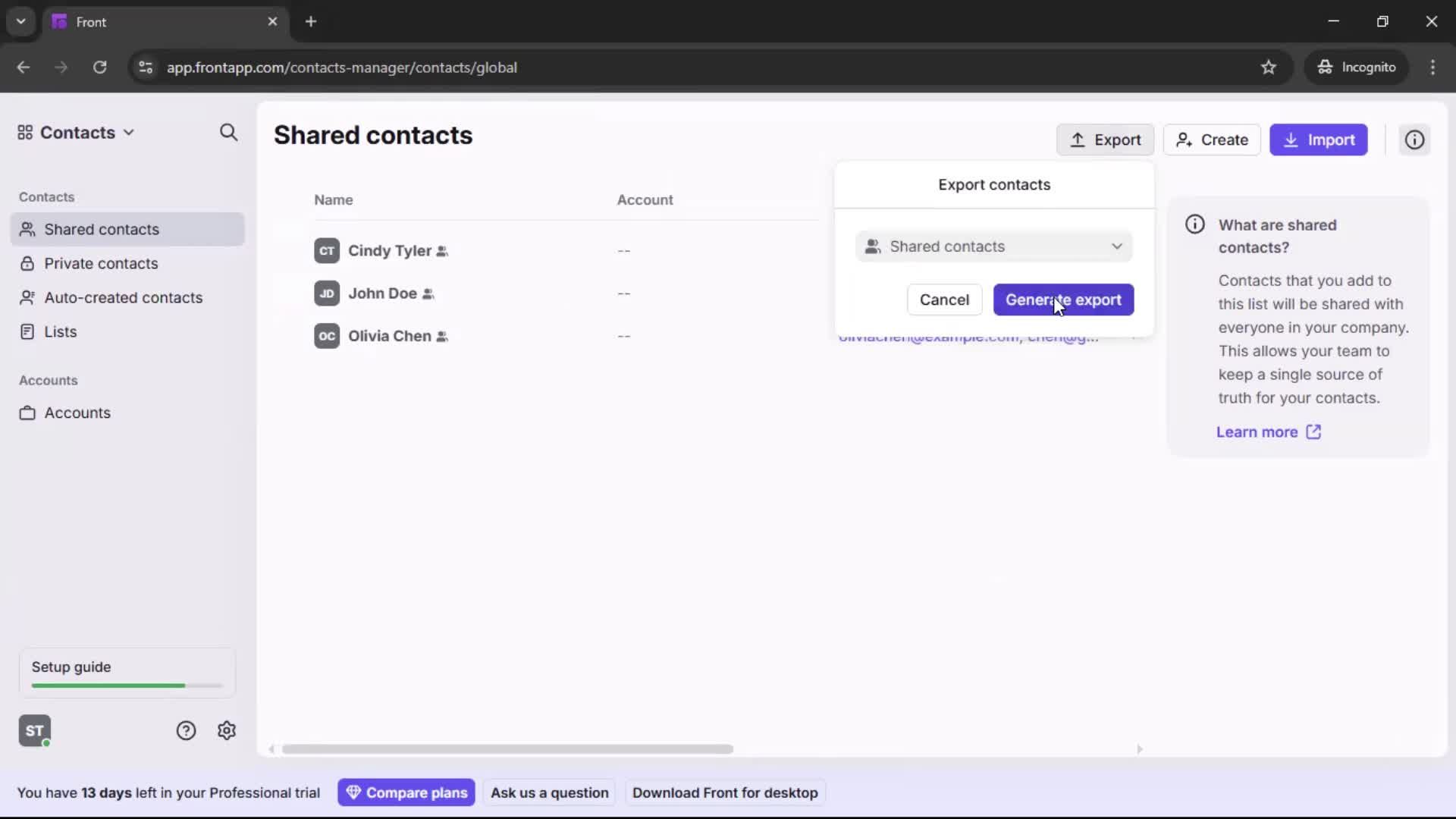 Exporting data screenshot