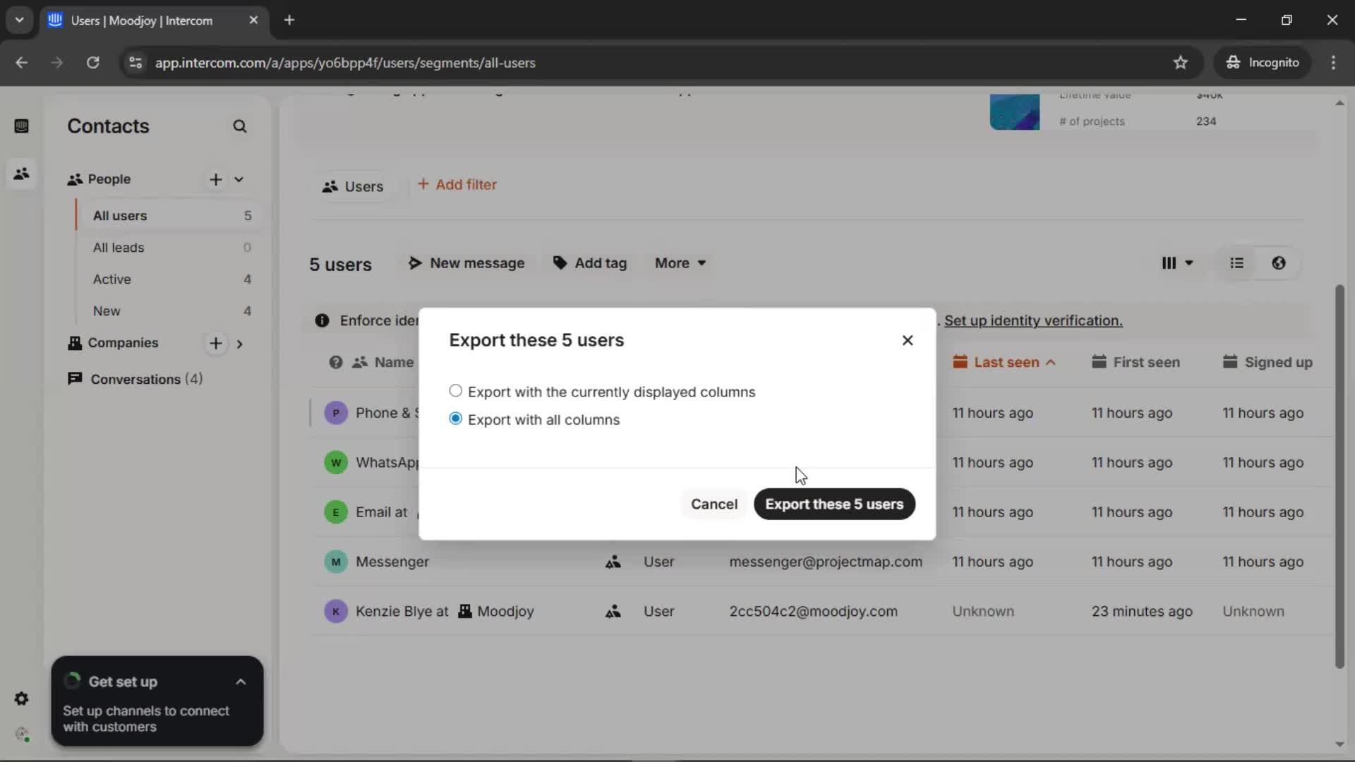 Exporting data screenshot