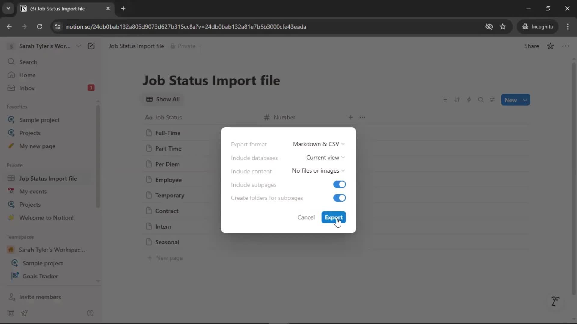 Exporting data screenshot