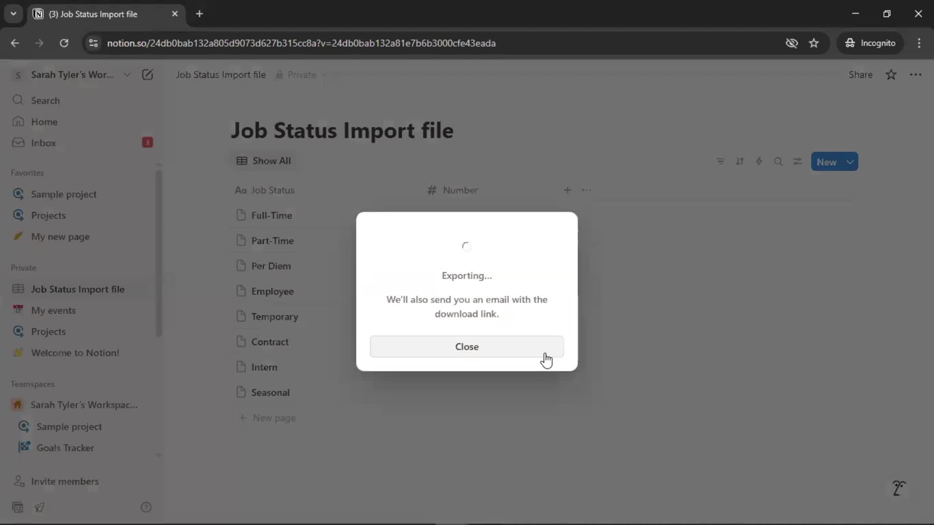 Exporting data screenshot