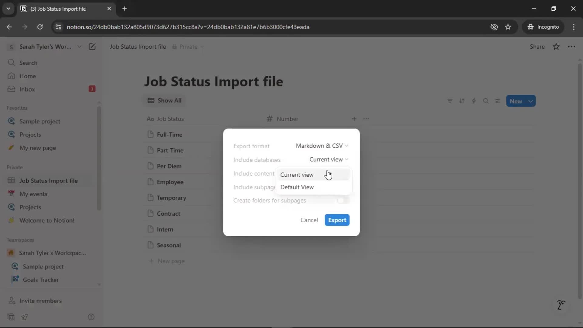 Exporting data screenshot