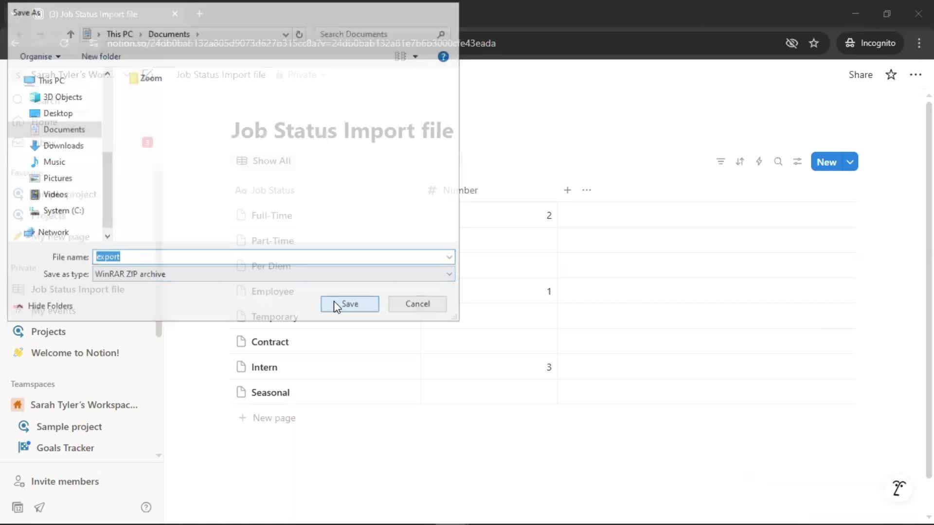 Exporting data screenshot