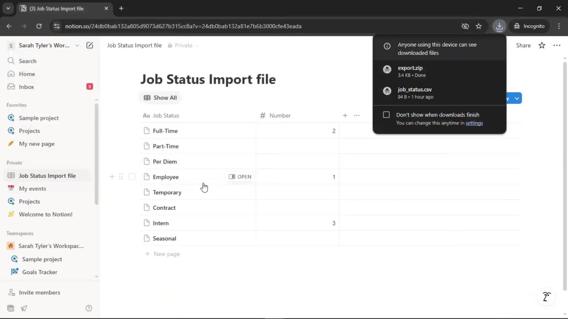 Exporting data screenshot
