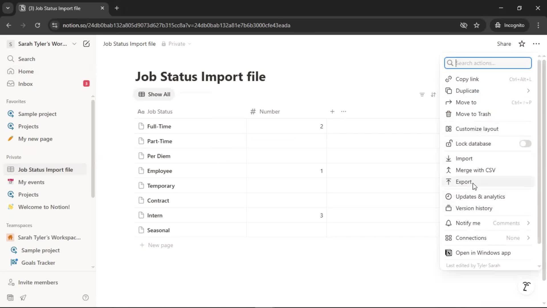 Exporting data screenshot