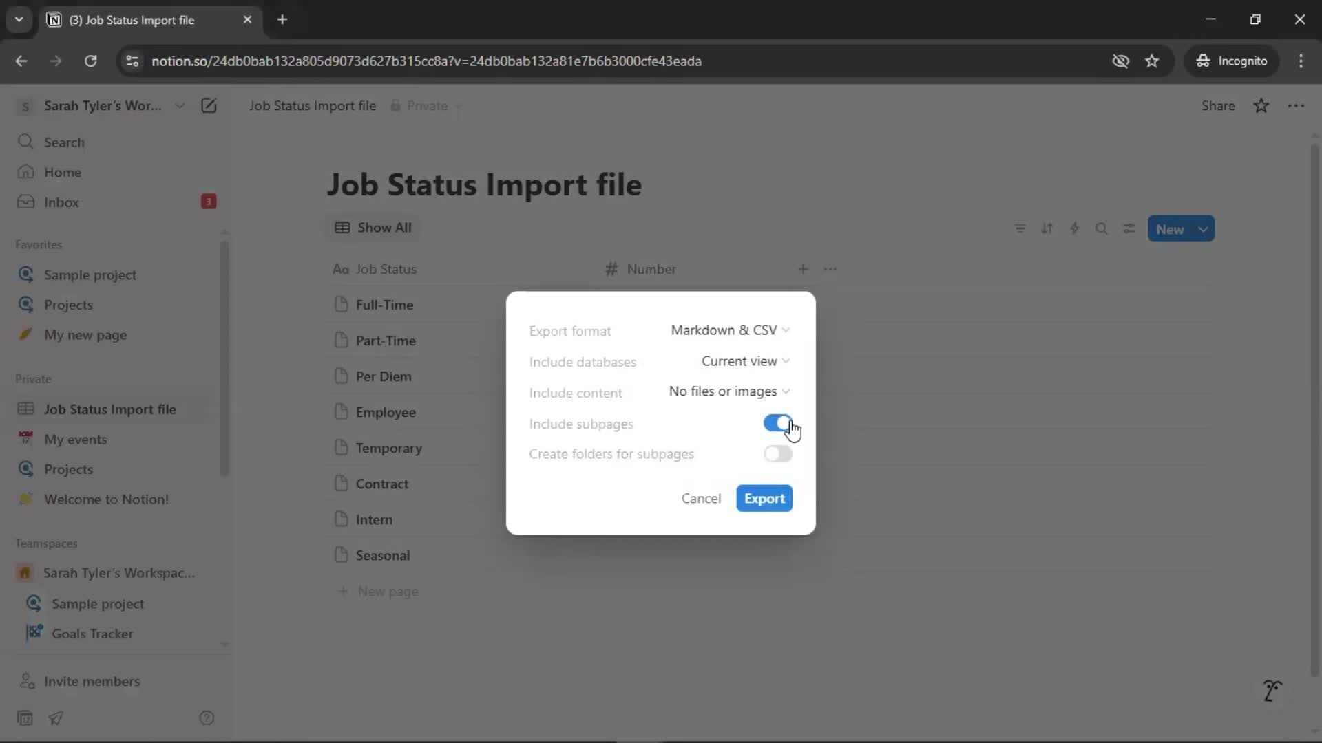 Exporting data screenshot