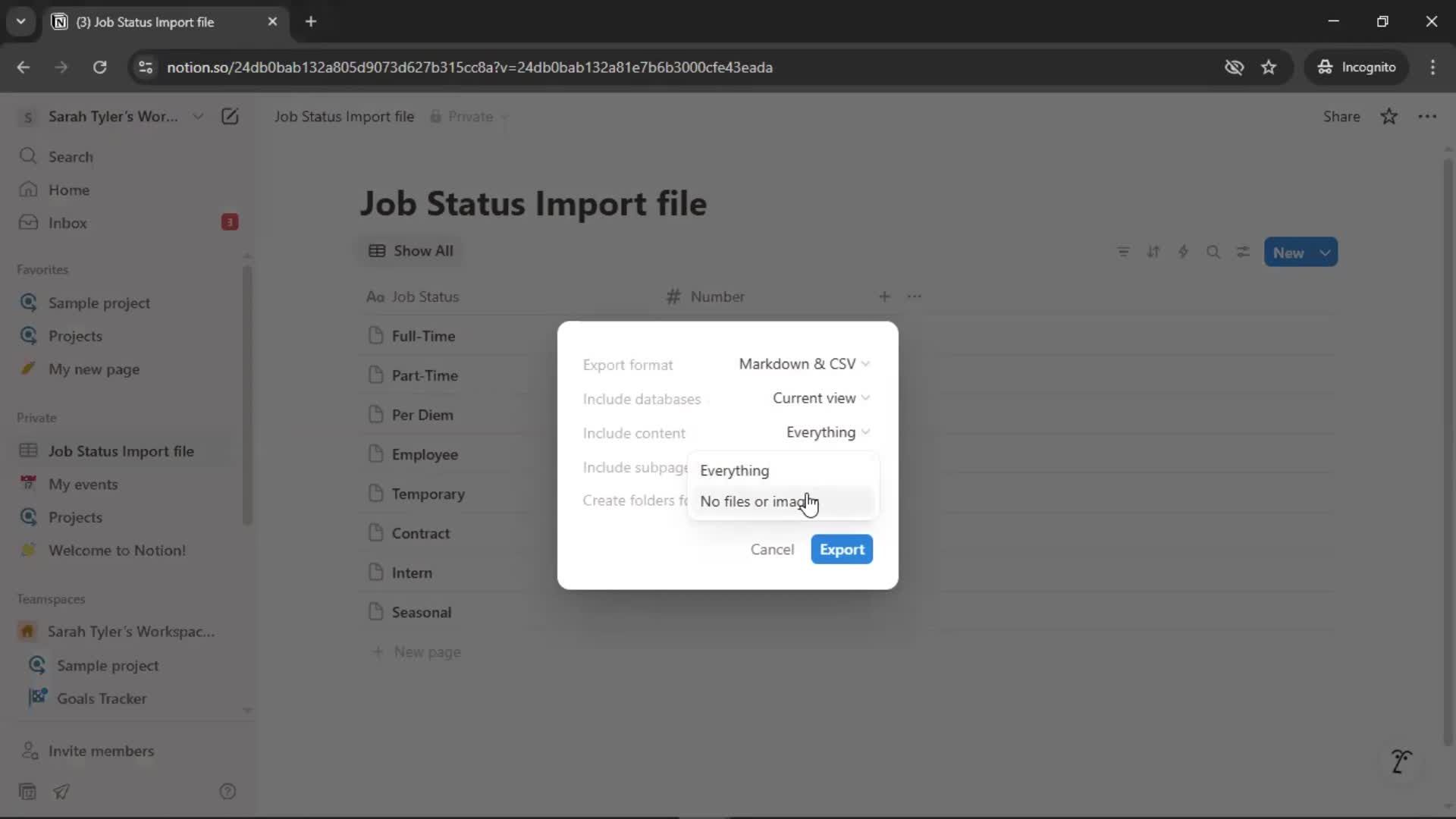 Exporting data screenshot