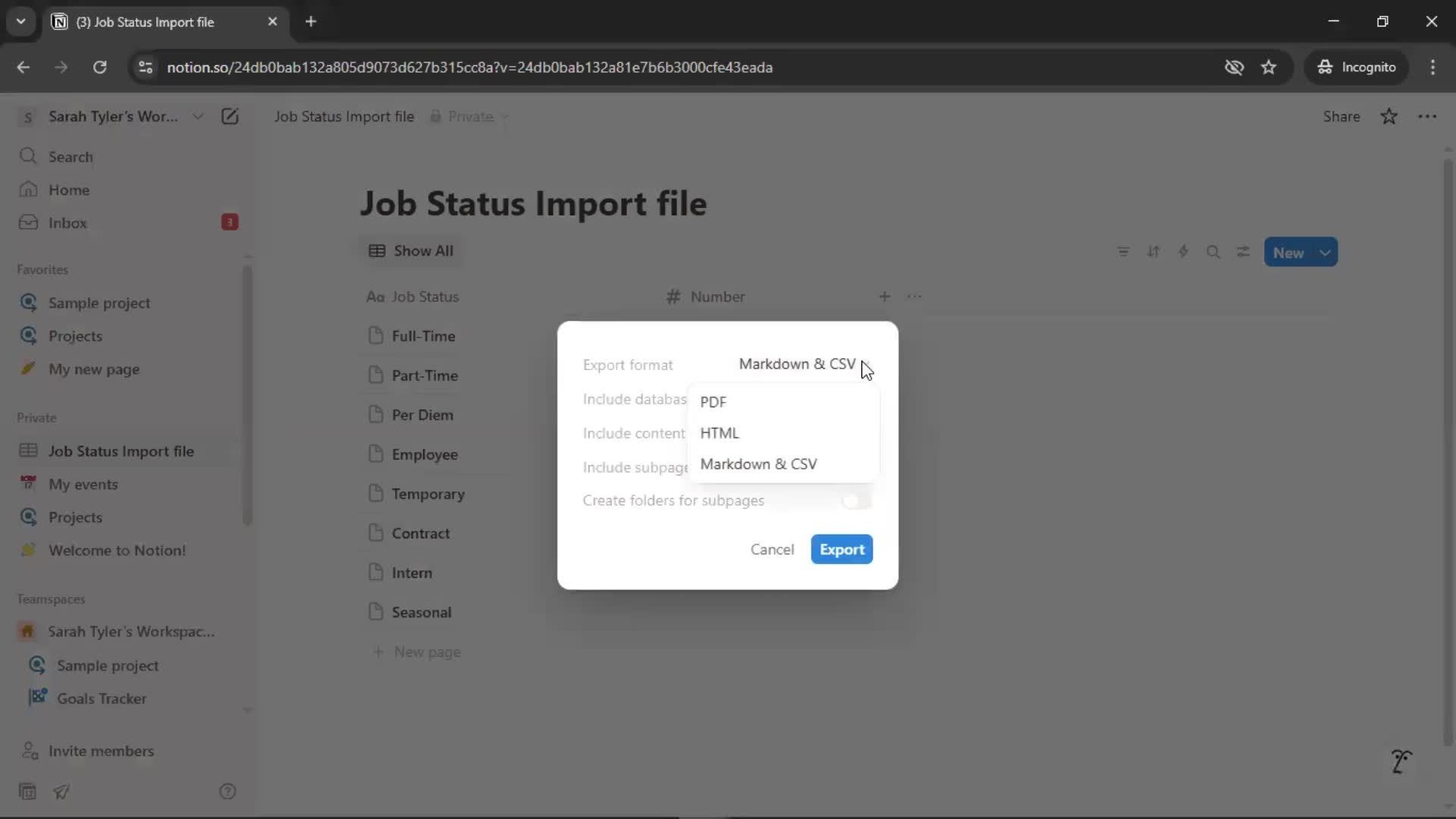 Exporting data screenshot