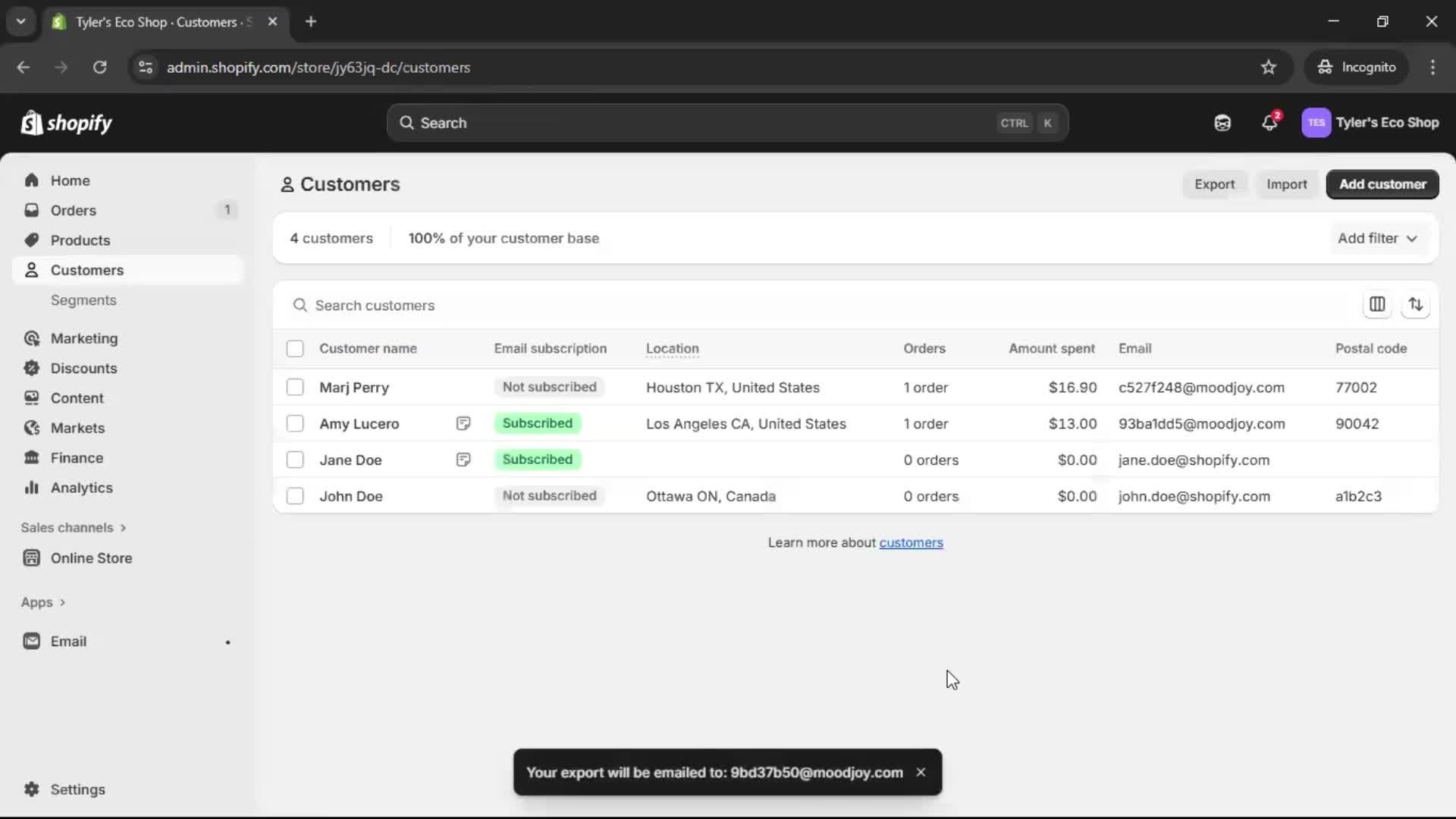 Exporting data screenshot