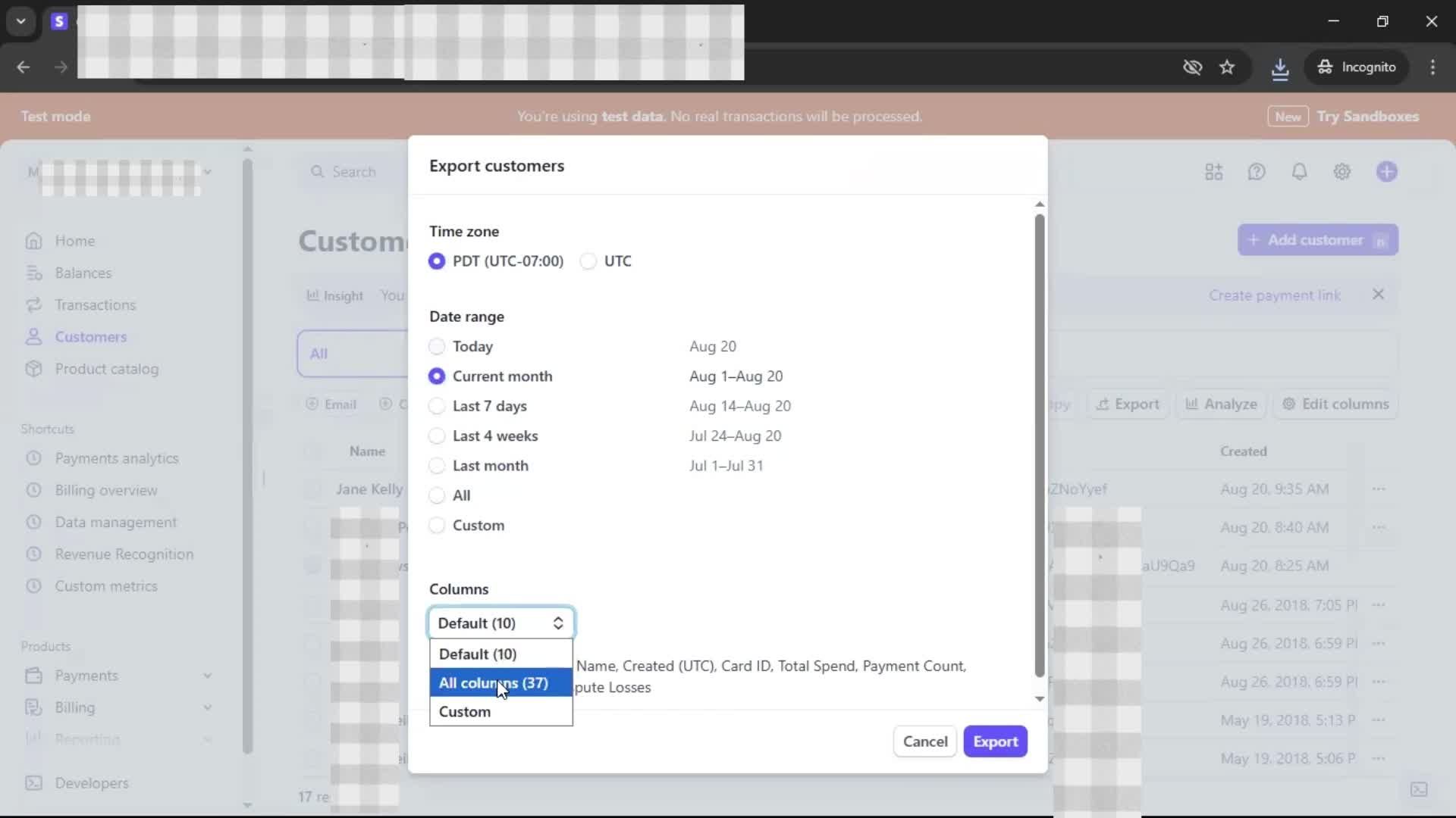 Exporting data screenshot