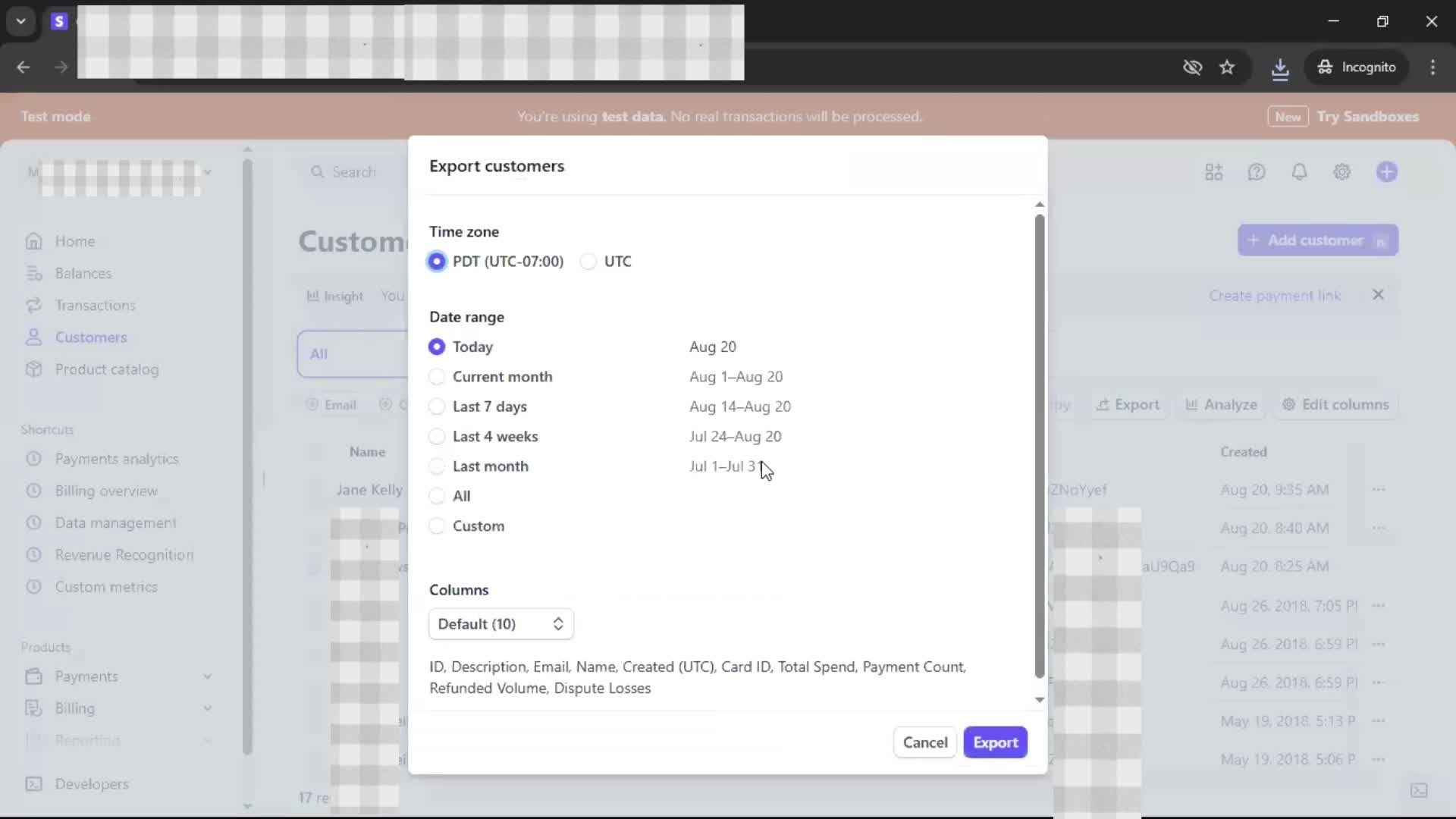 Exporting data screenshot