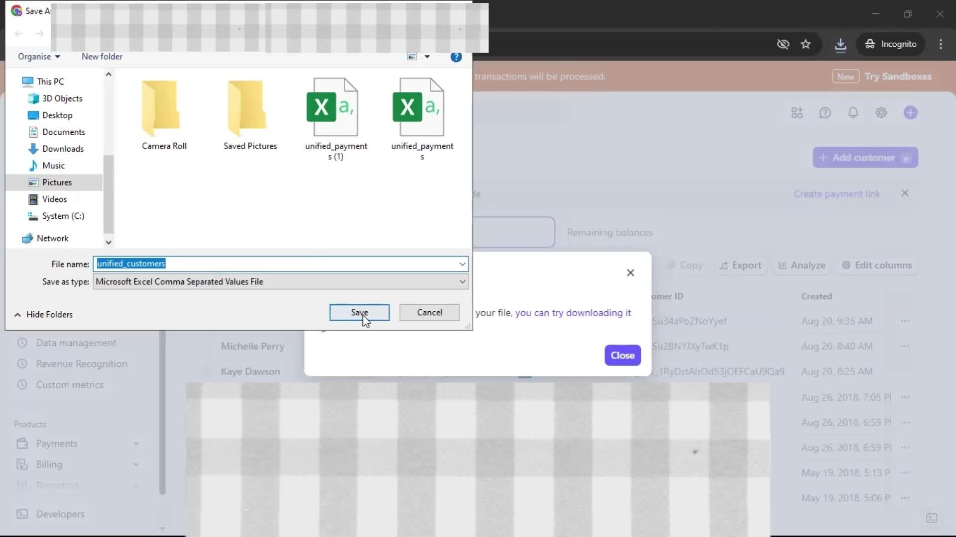 Exporting data screenshot