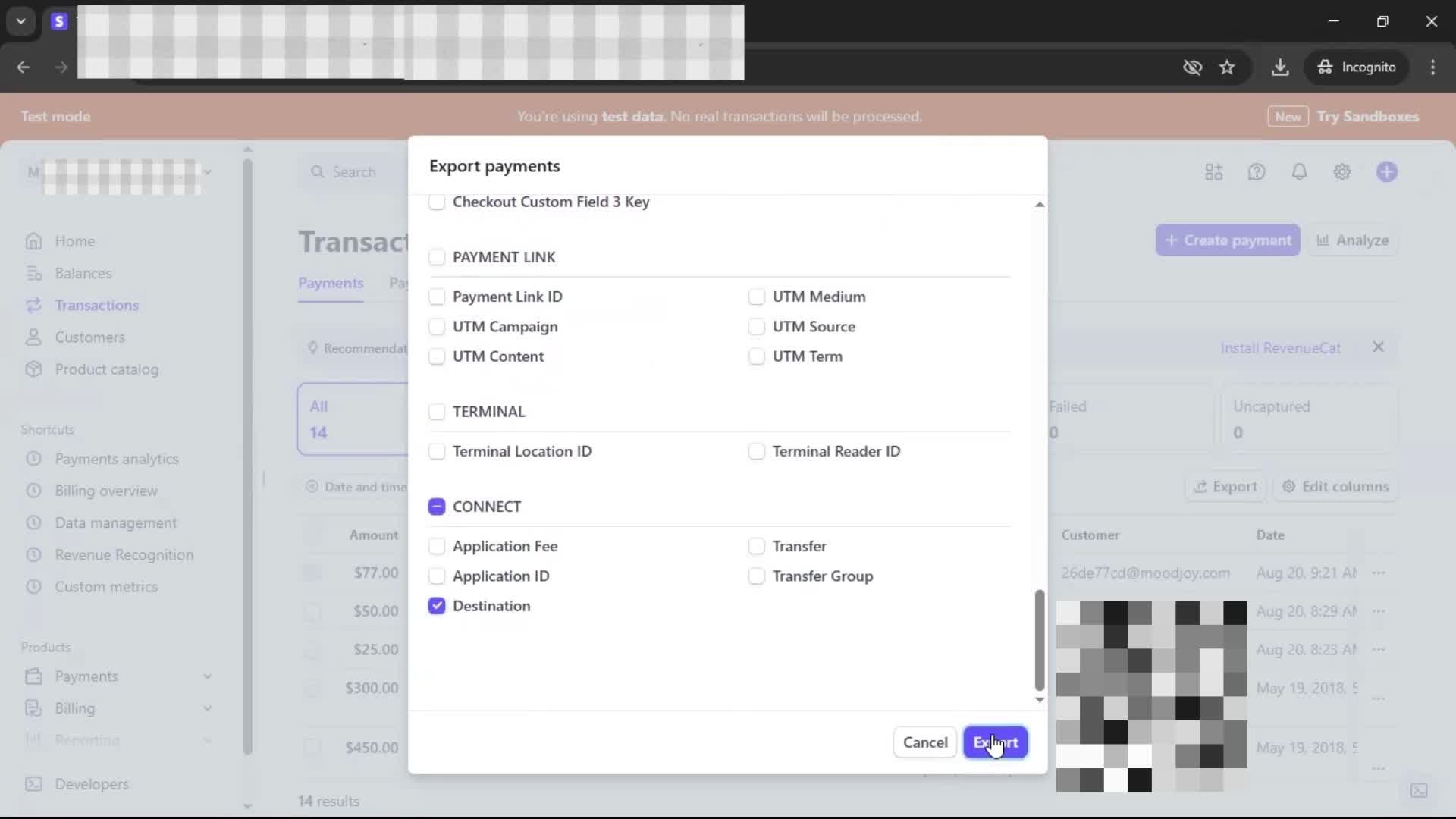Exporting data screenshot