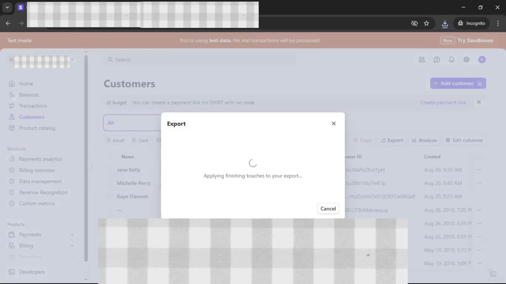 Exporting data screenshot