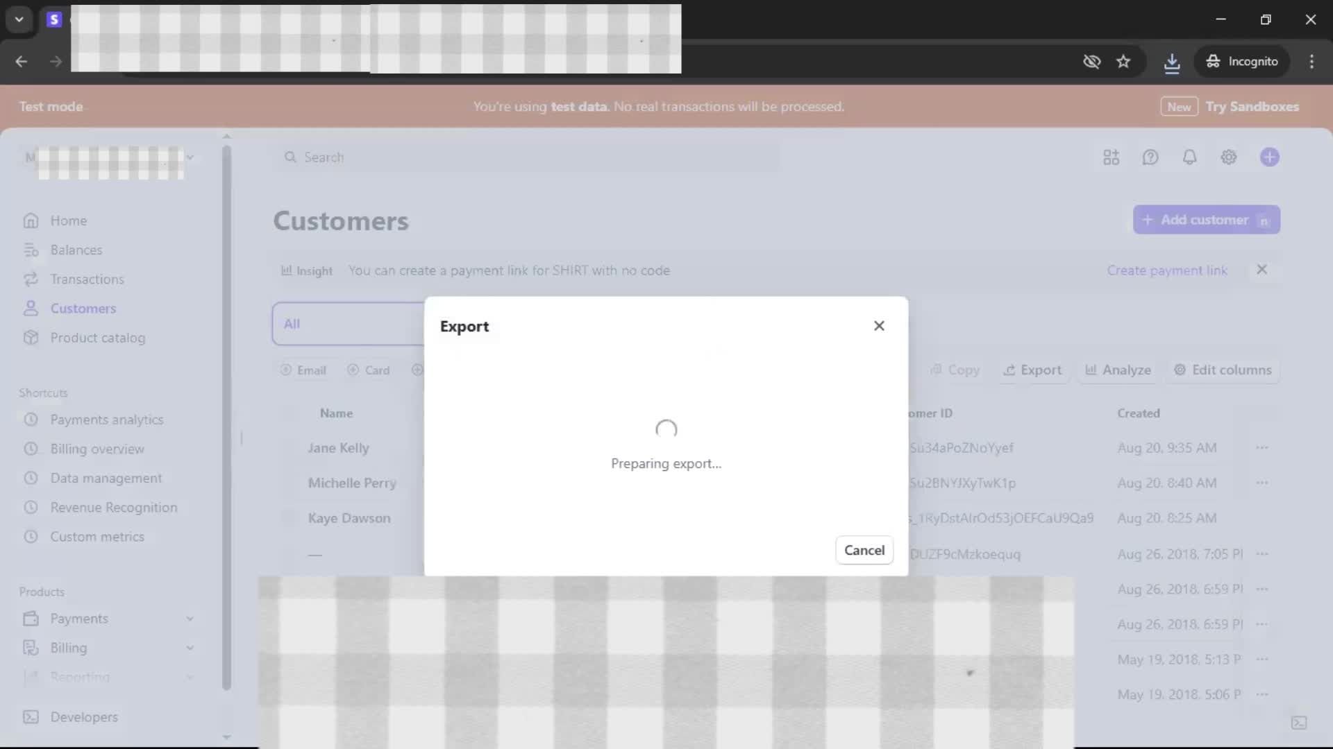 Exporting data screenshot