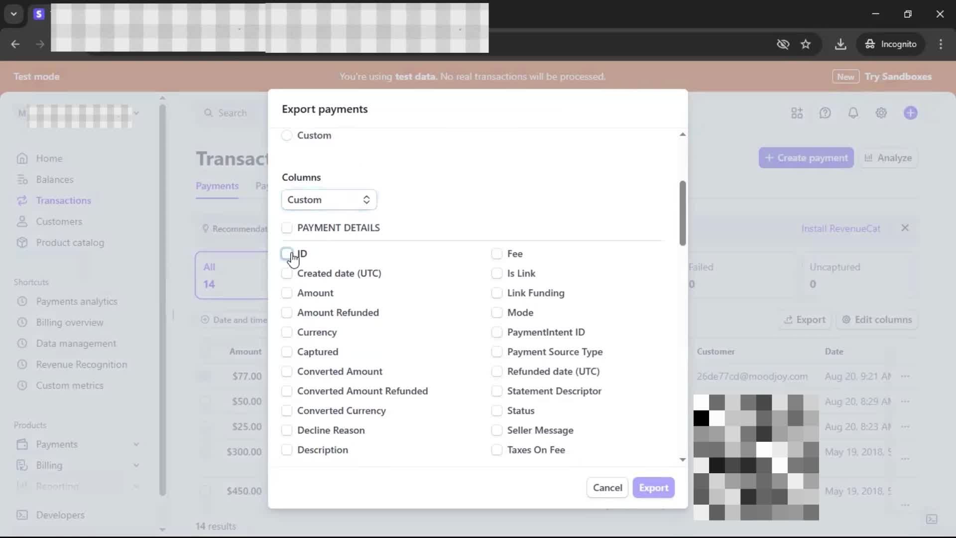 Exporting data screenshot