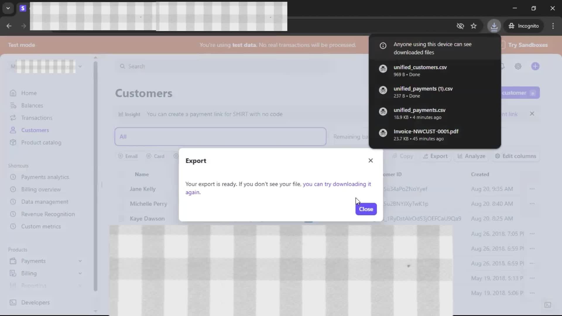 Exporting data screenshot