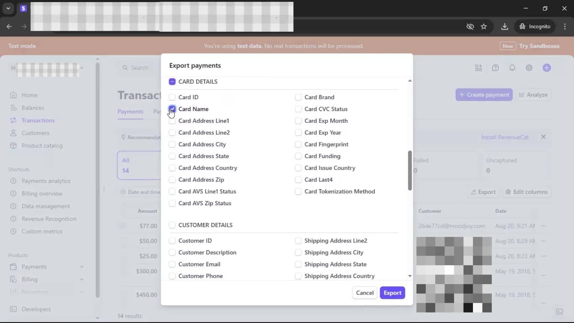 Exporting data screenshot