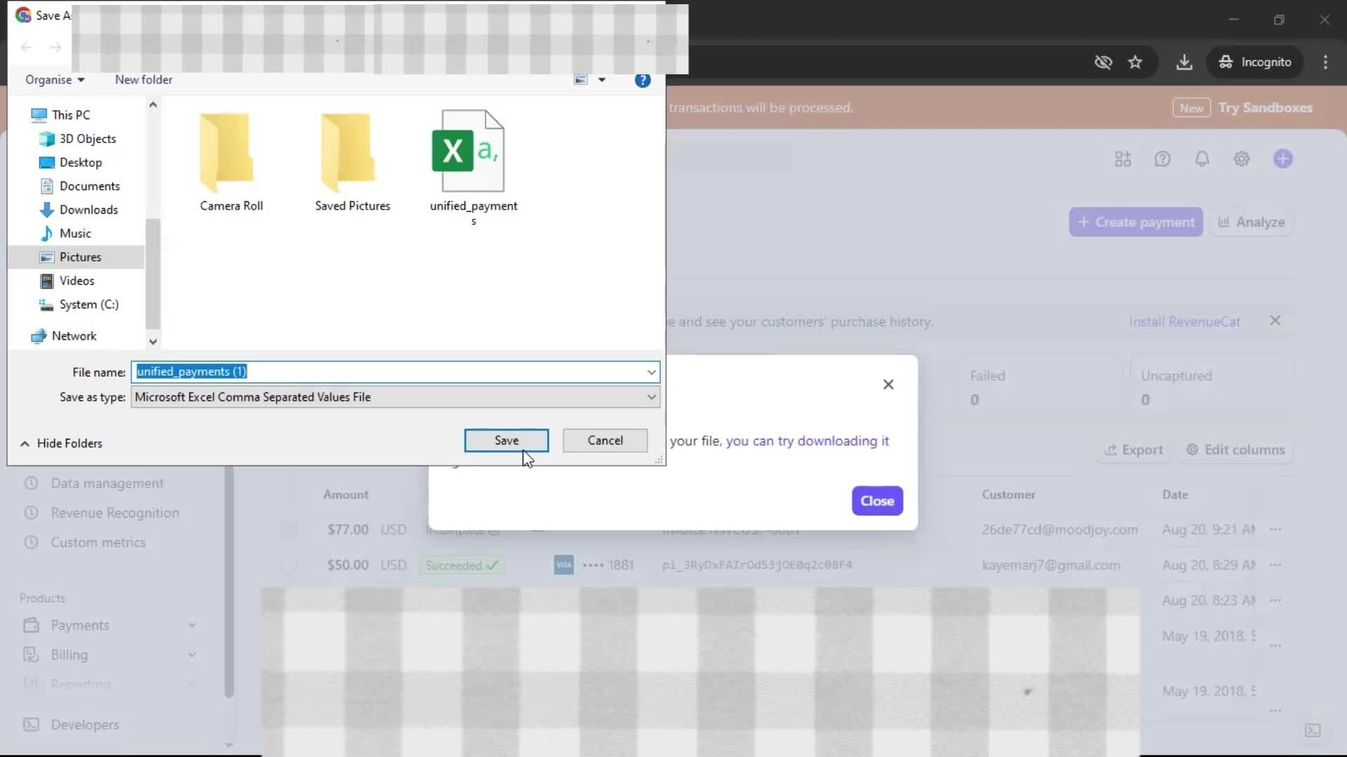 Exporting data screenshot