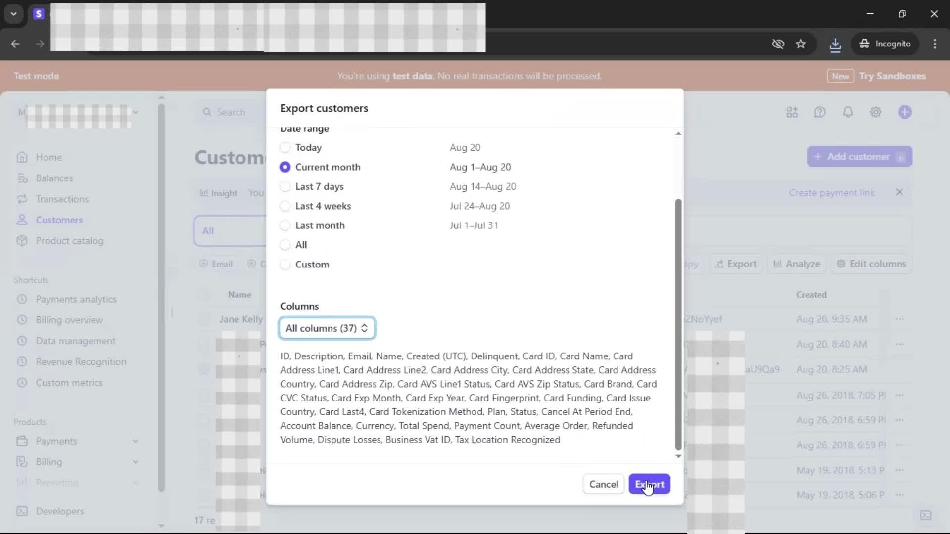 Exporting data screenshot