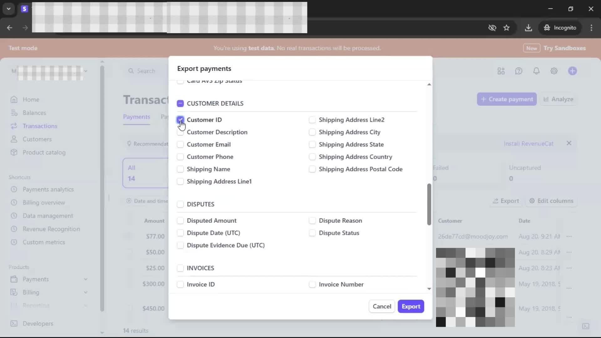 Exporting data screenshot