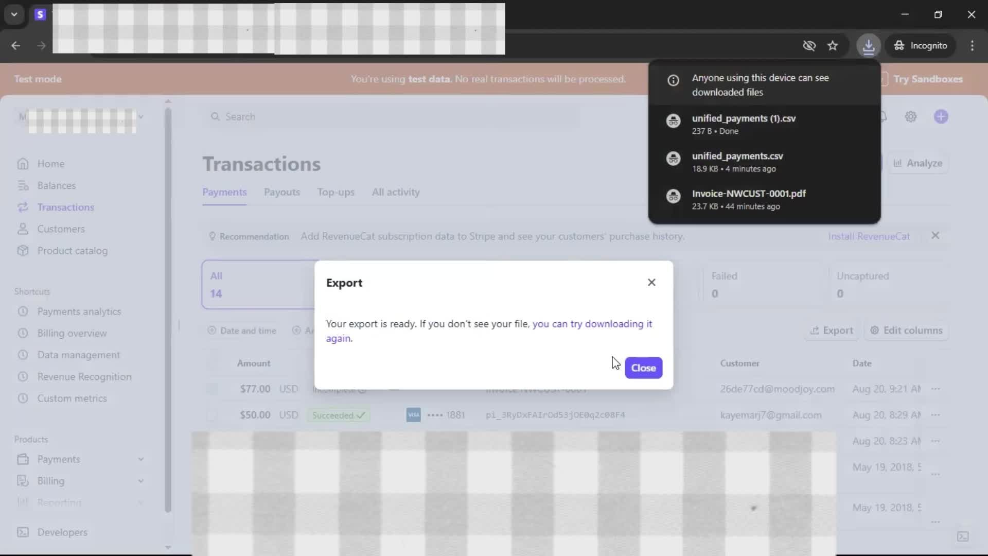 Exporting data screenshot