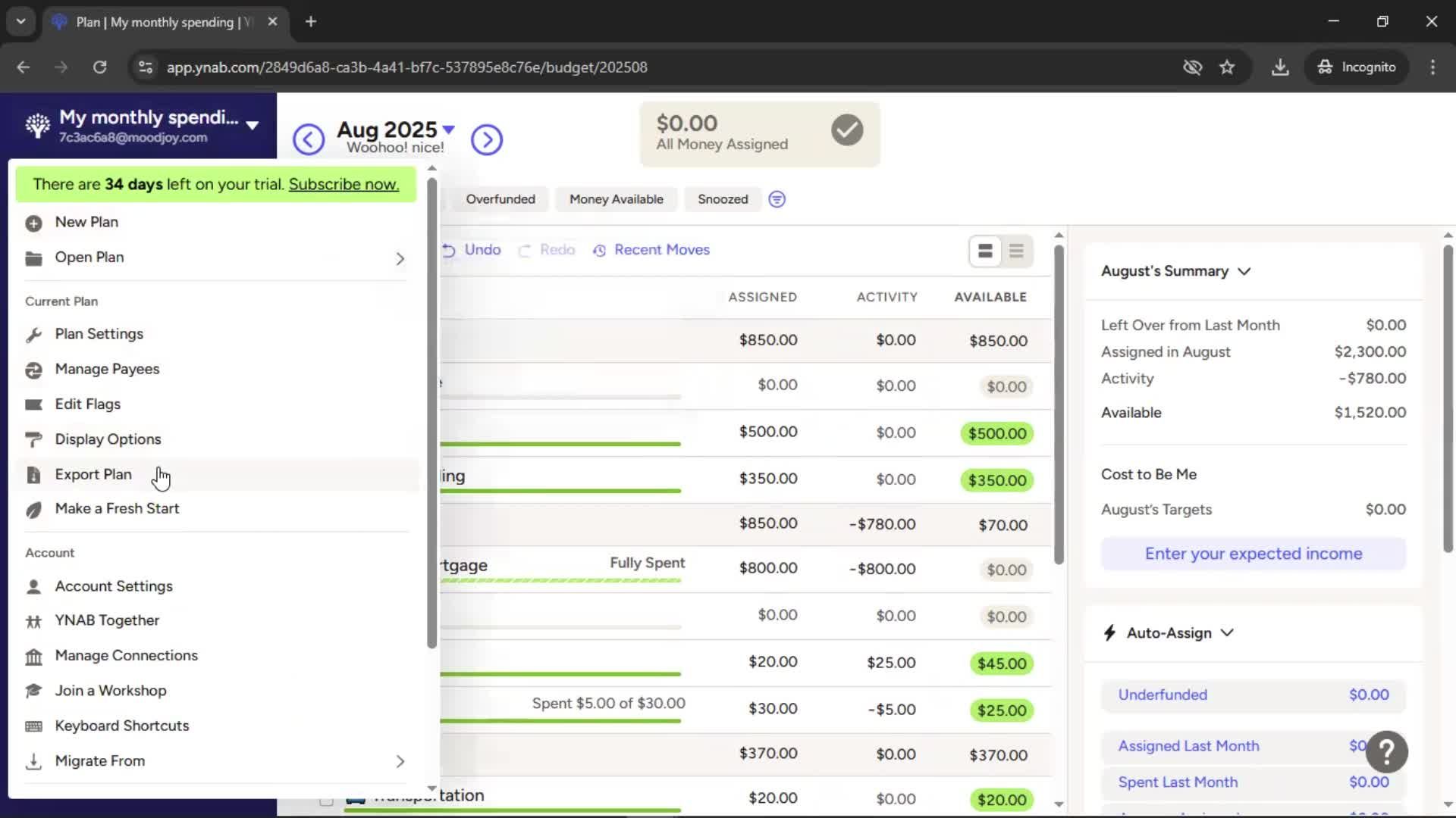 Exporting data screenshot