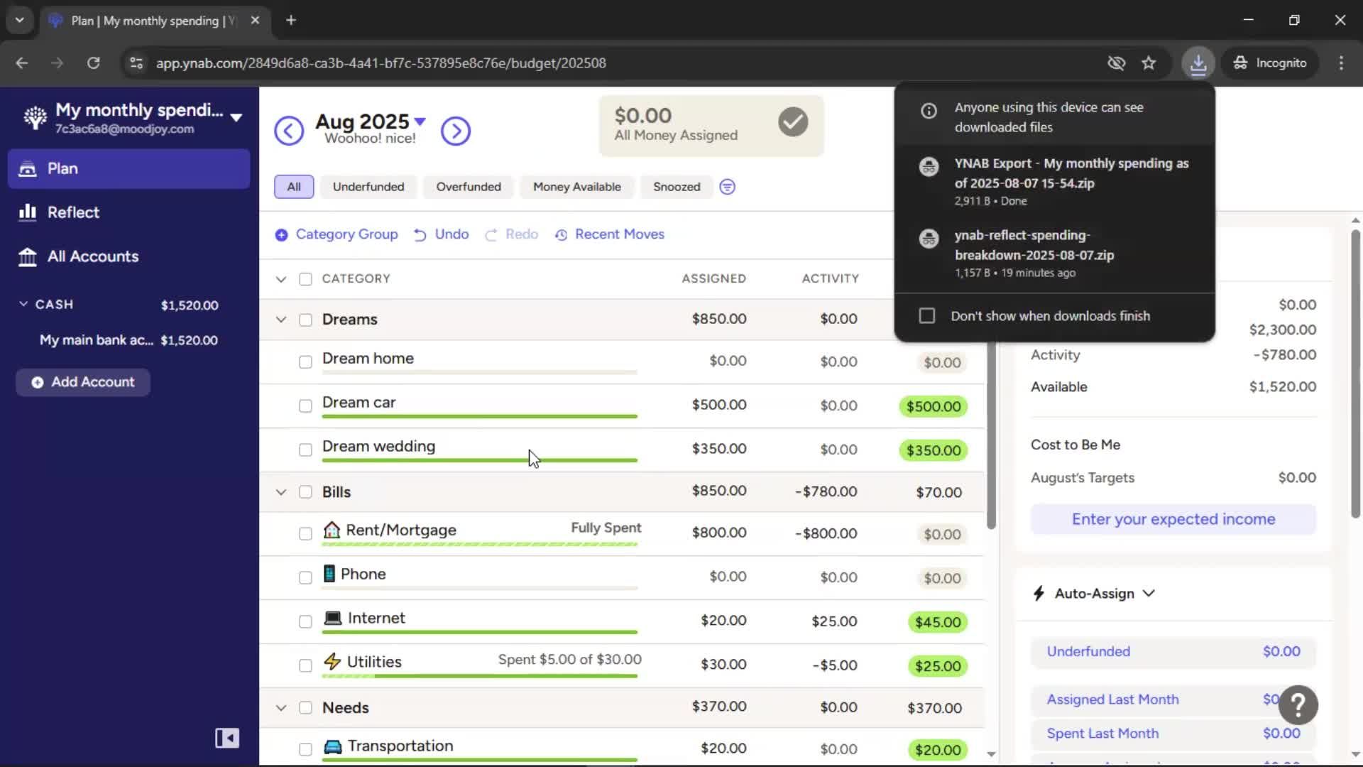 Exporting data screenshot
