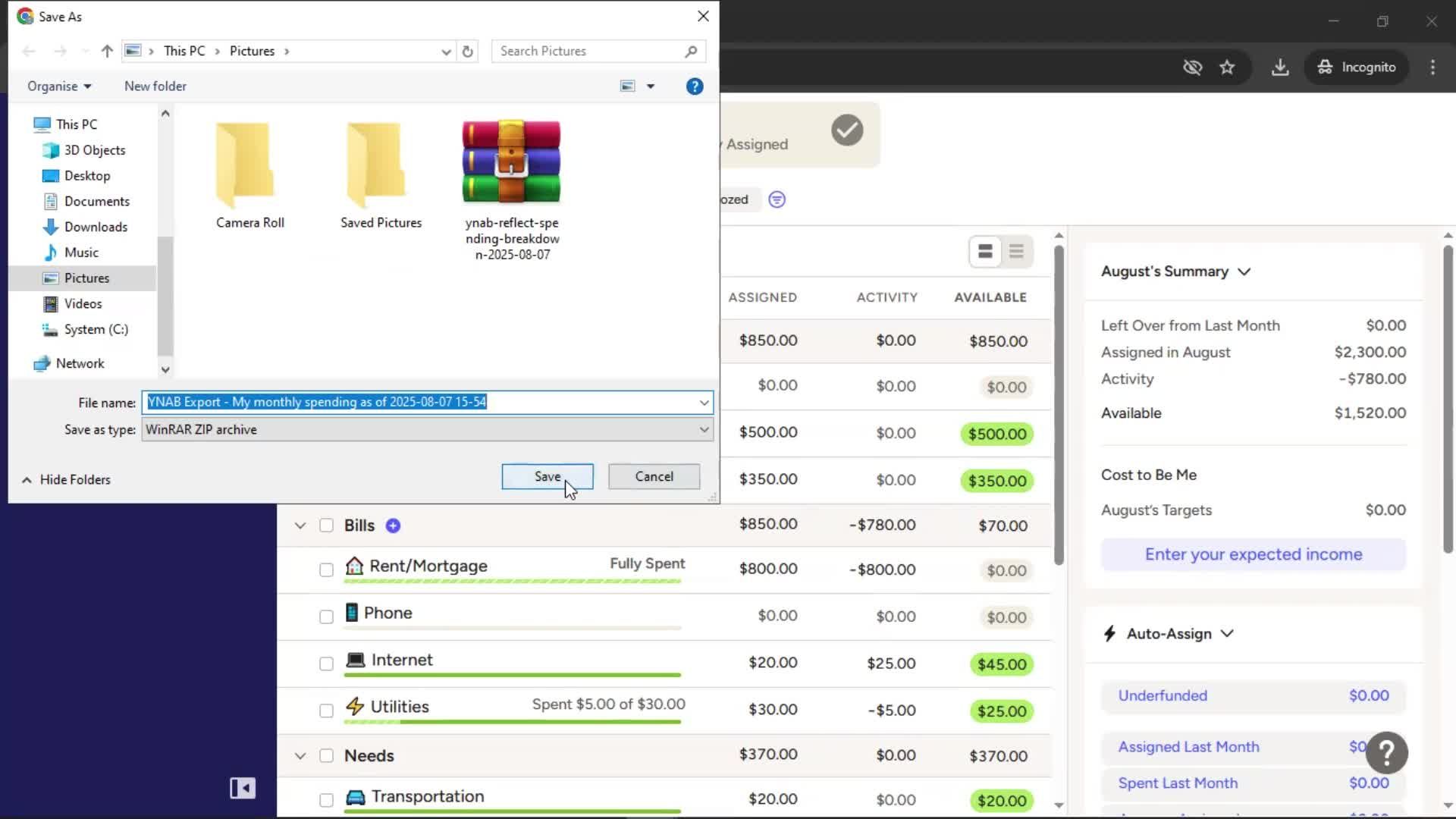 Exporting data screenshot