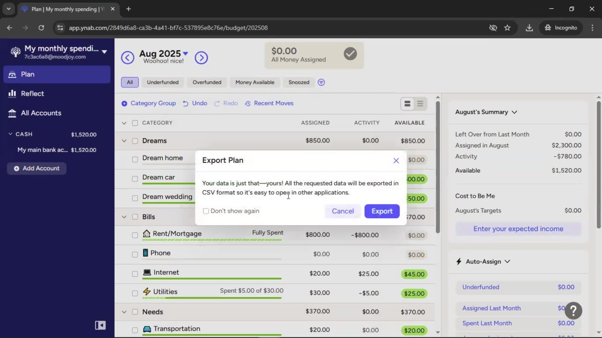 Exporting data screenshot