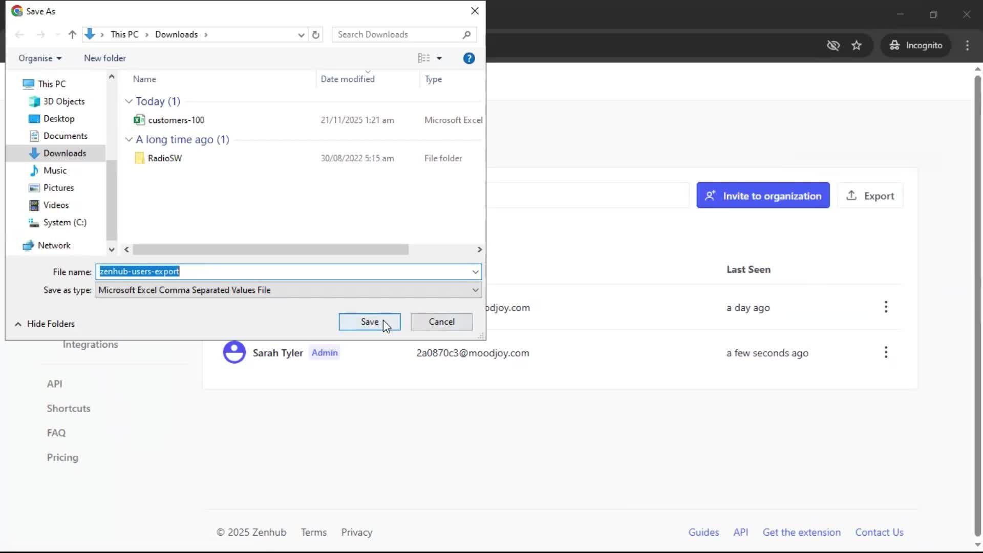 Exporting data screenshot
