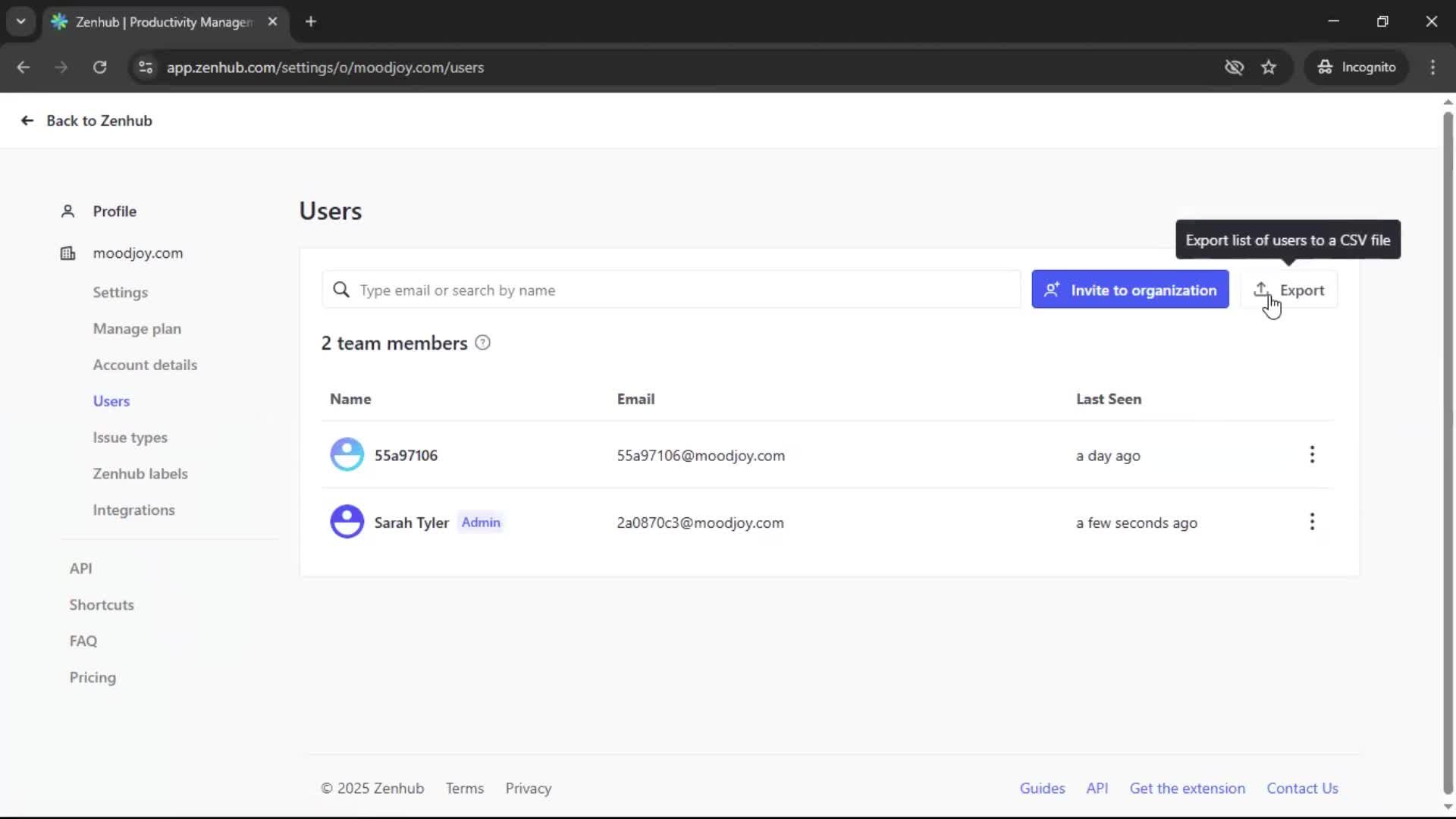 Exporting data screenshot