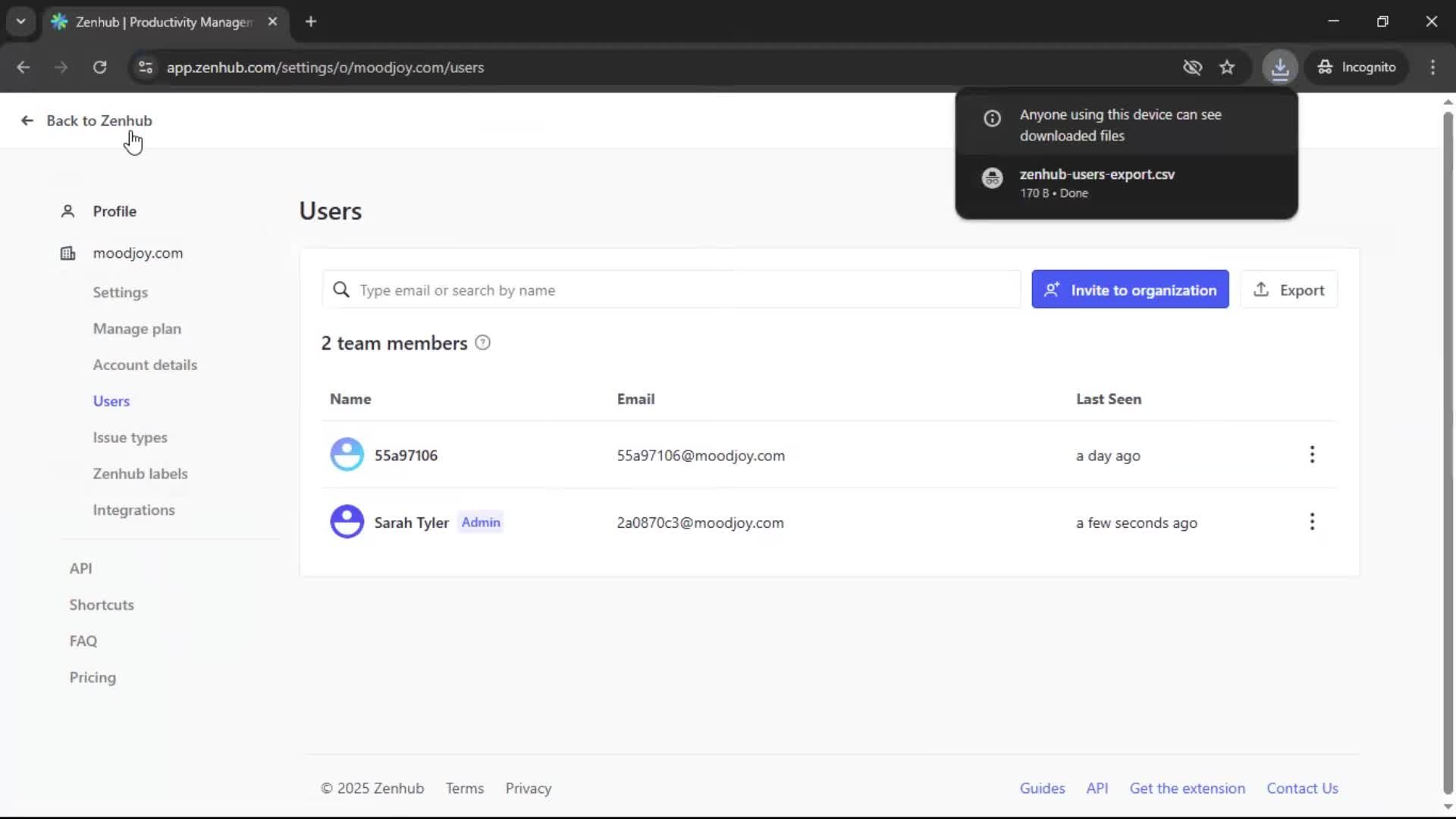 Exporting data screenshot