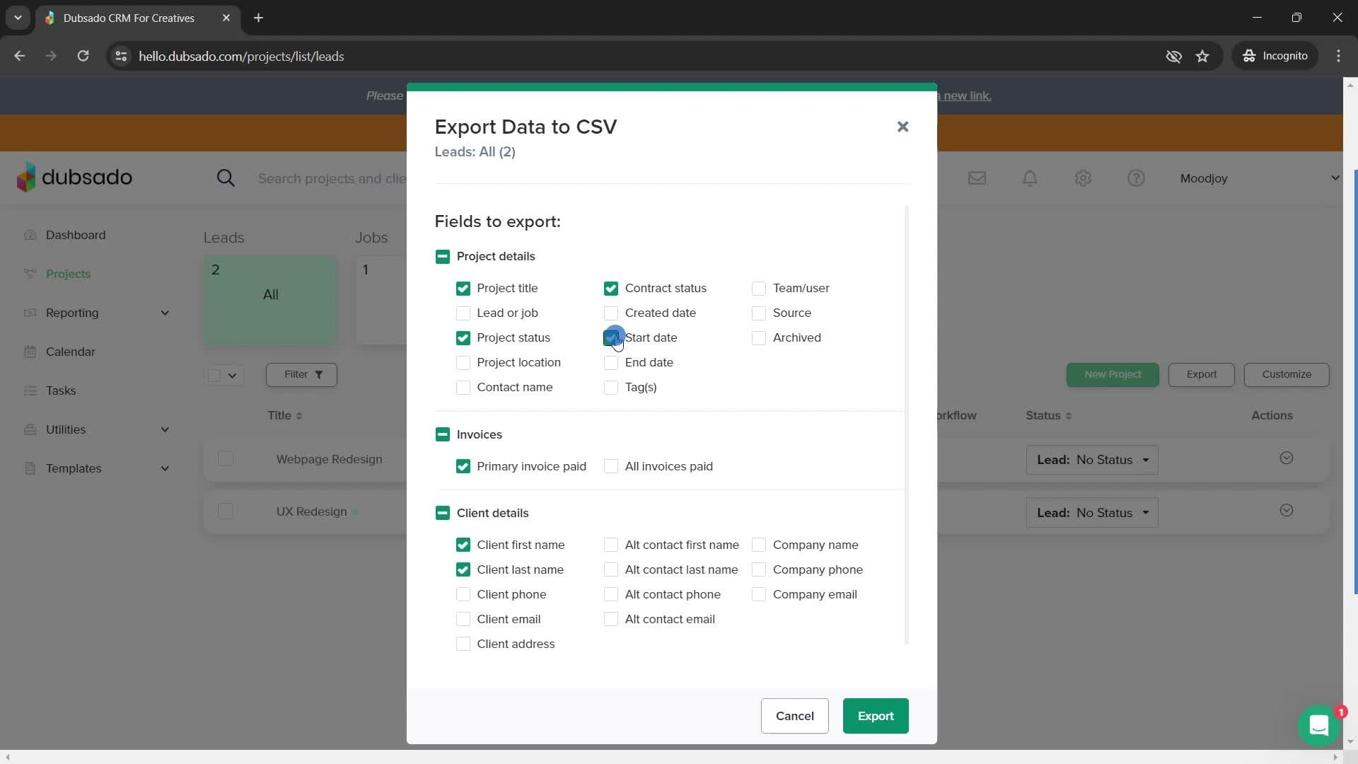 Exporting data screenshot