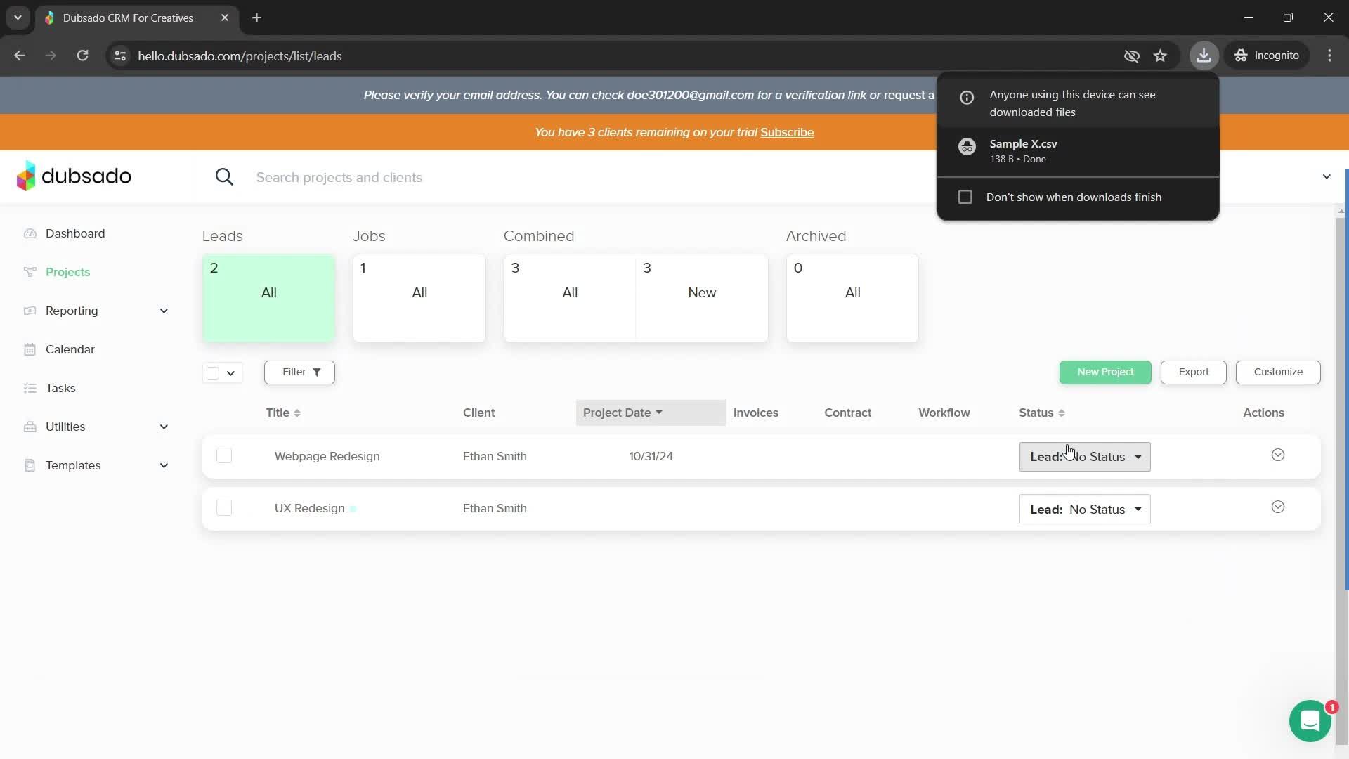 Exporting data screenshot