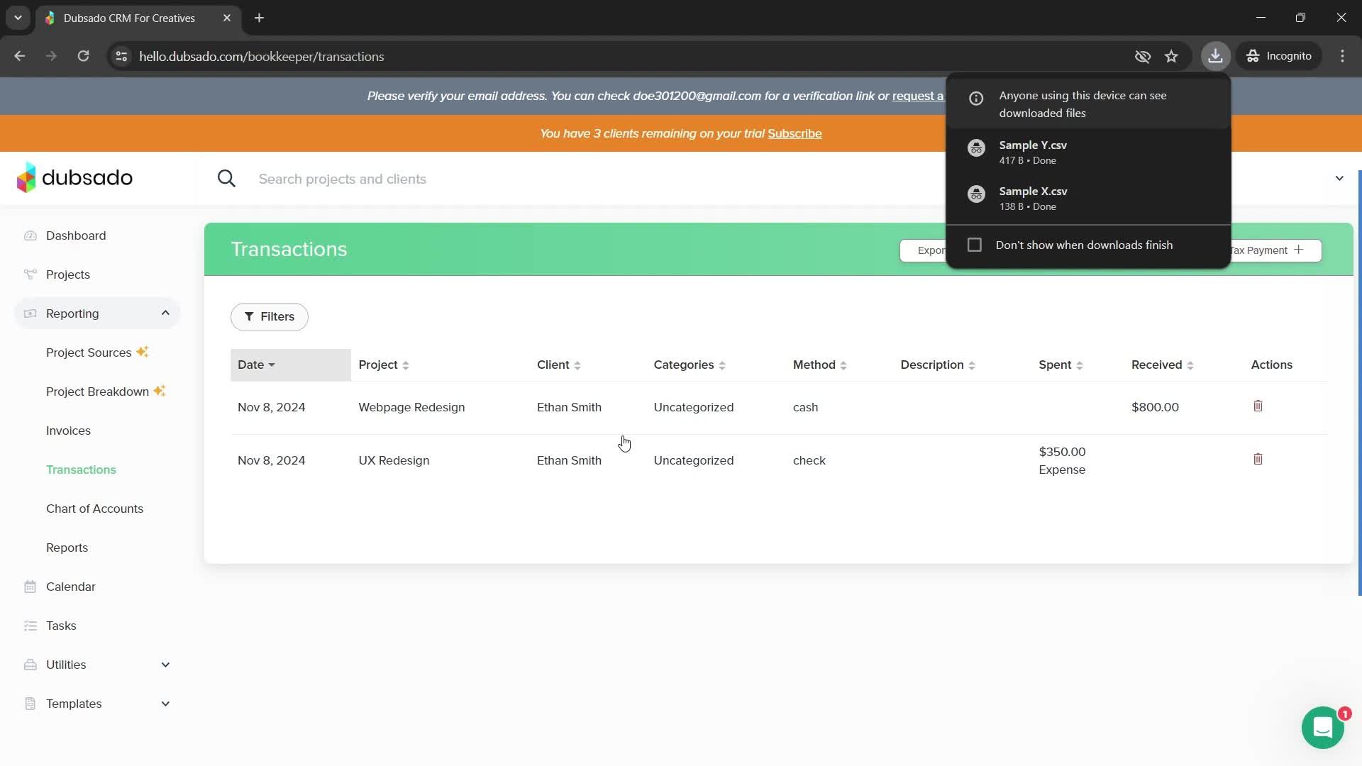 Exporting data screenshot