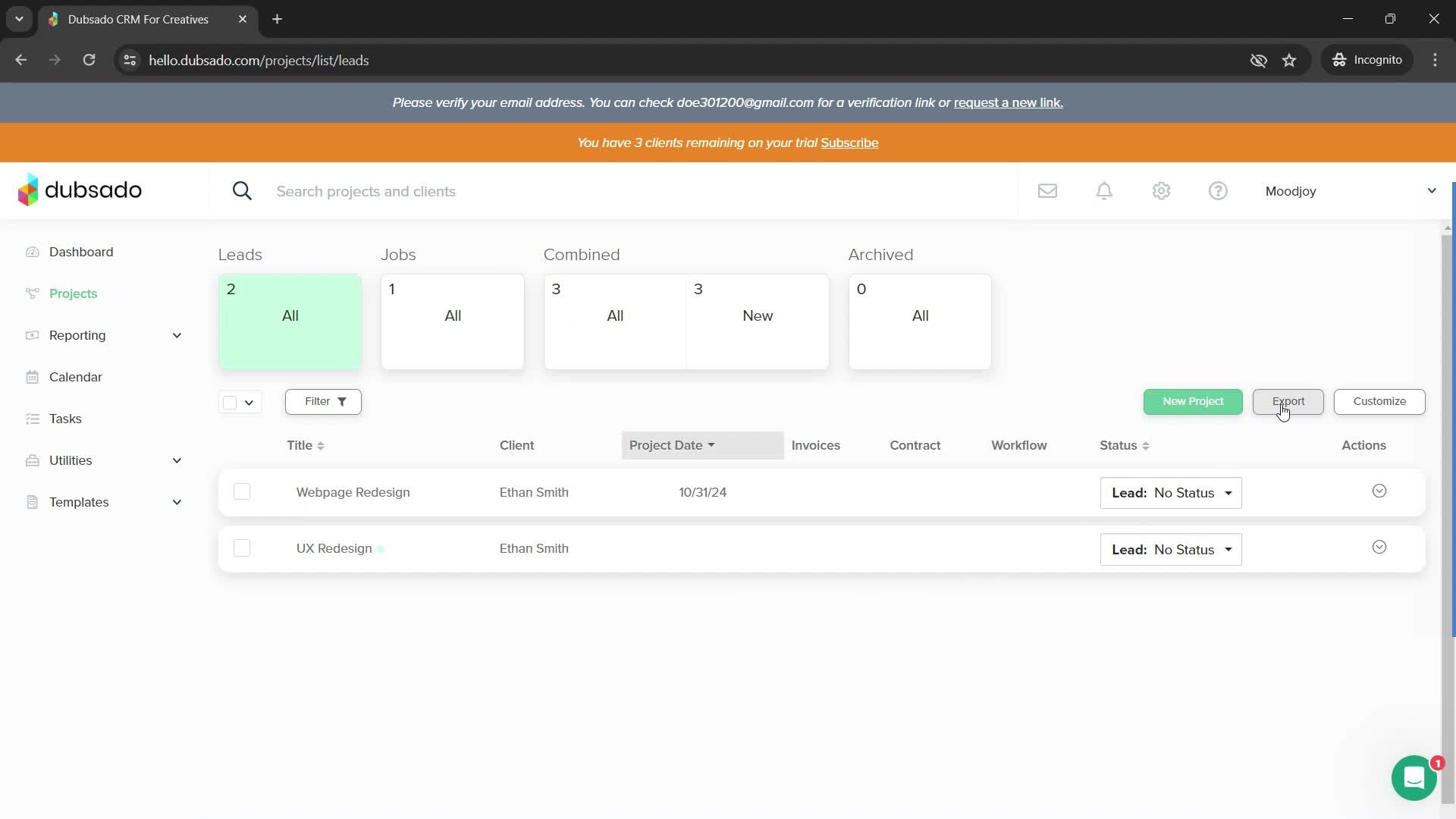 Exporting data screenshot