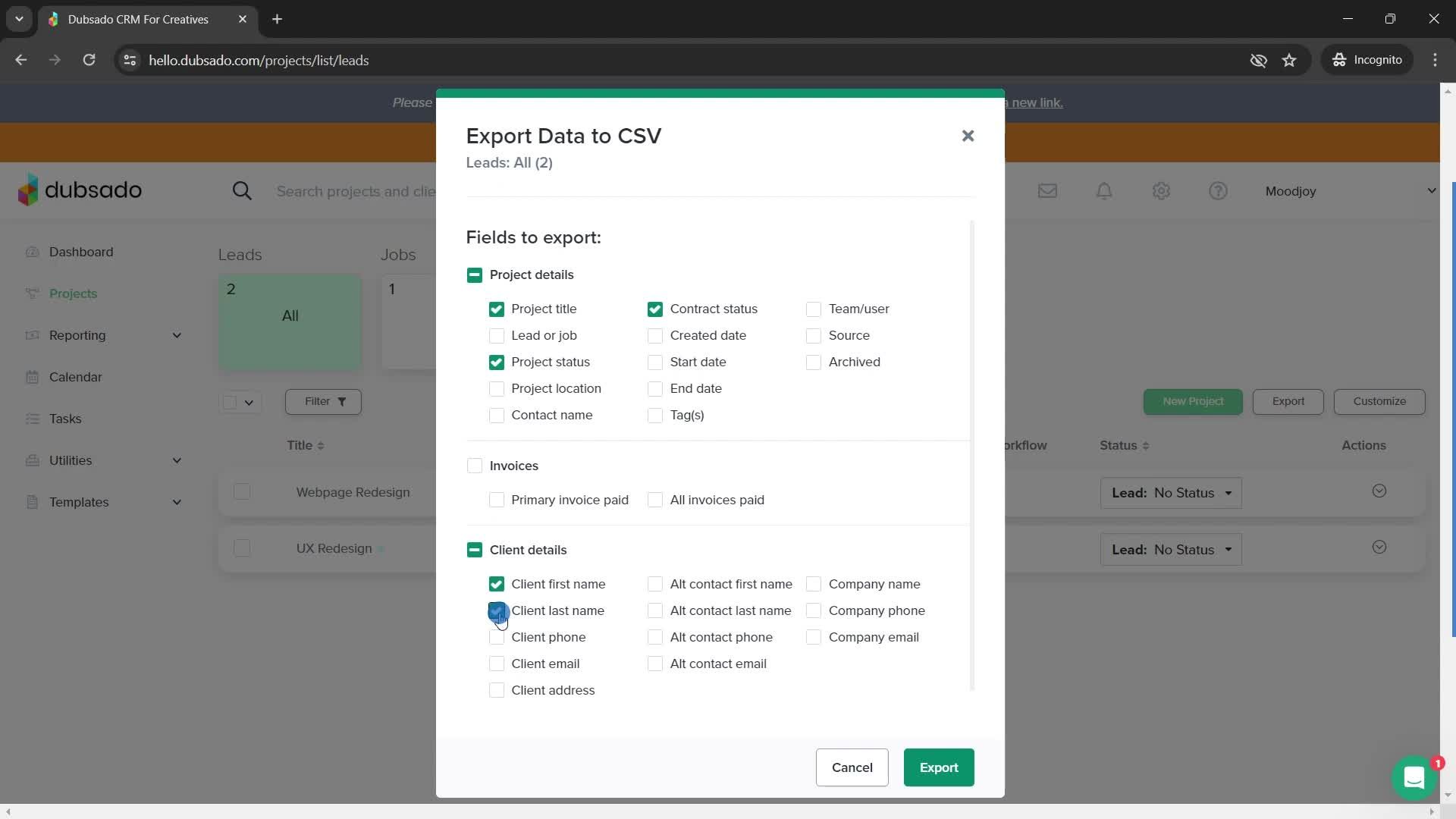 Exporting data screenshot