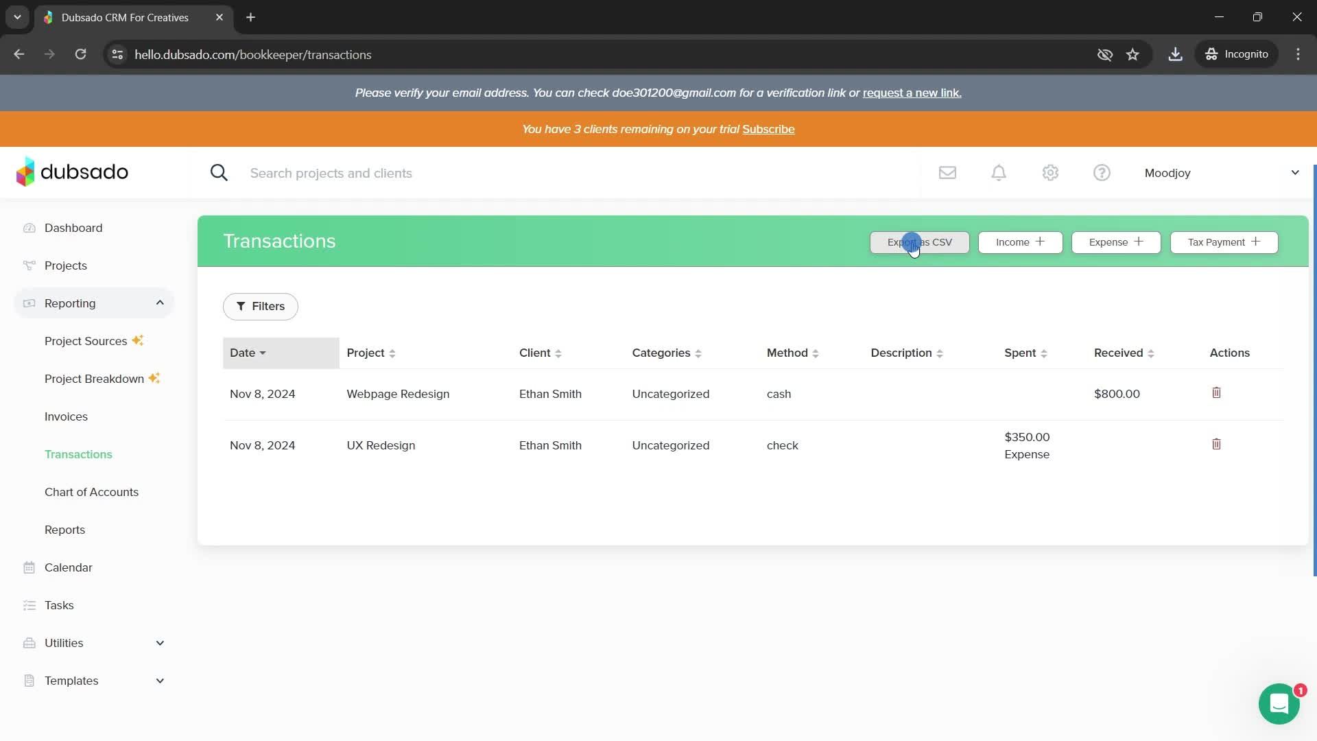Exporting data screenshot