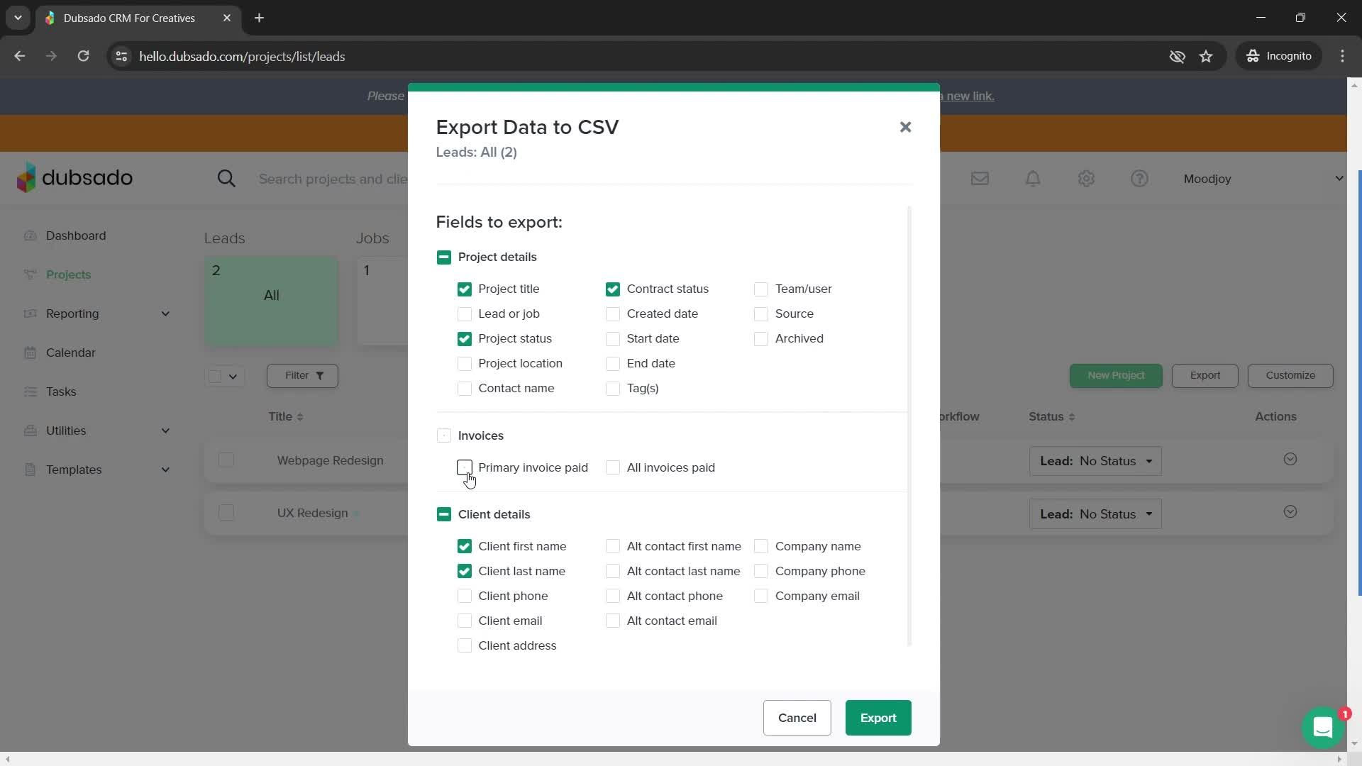Exporting data screenshot