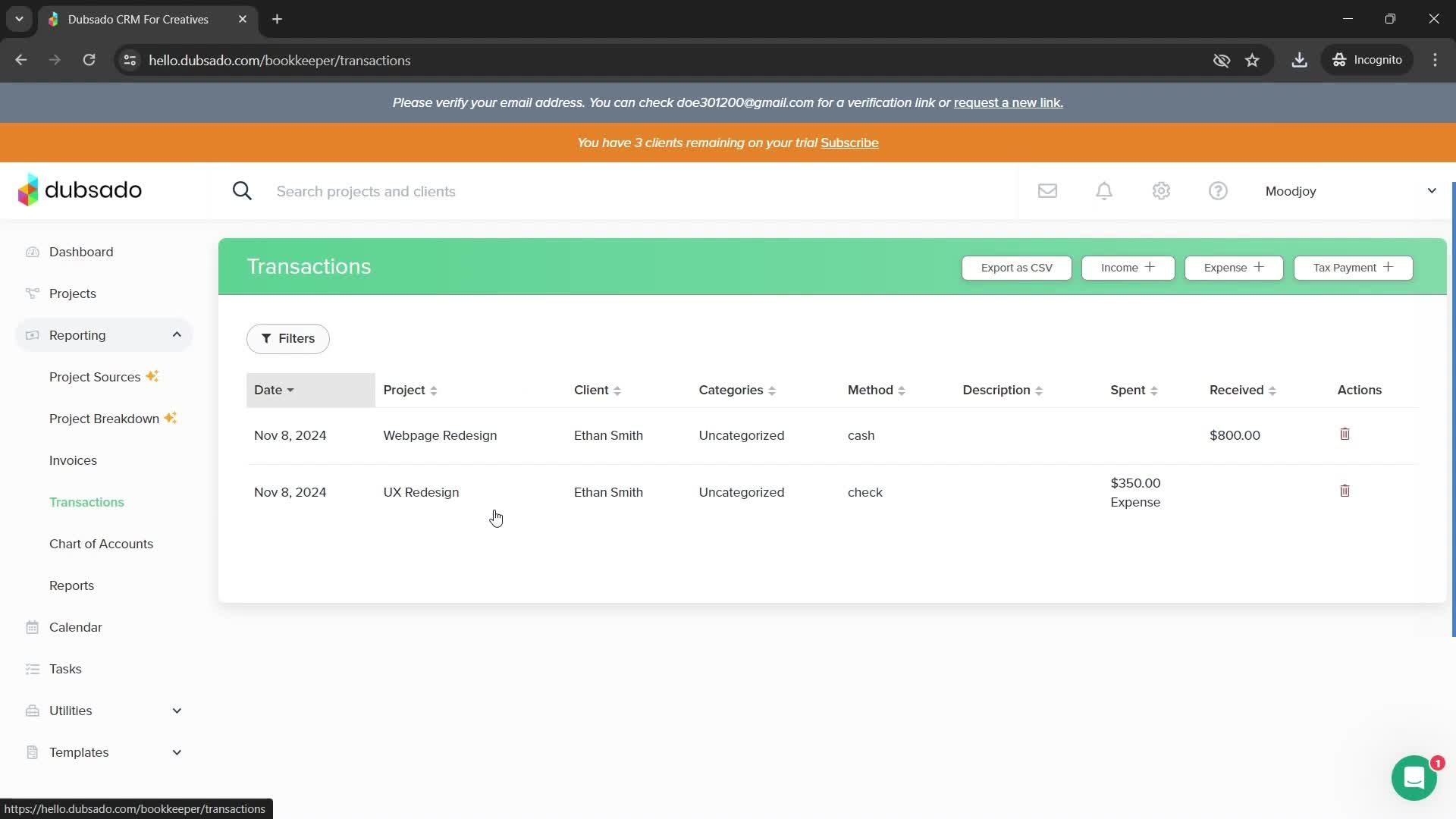 Exporting data screenshot