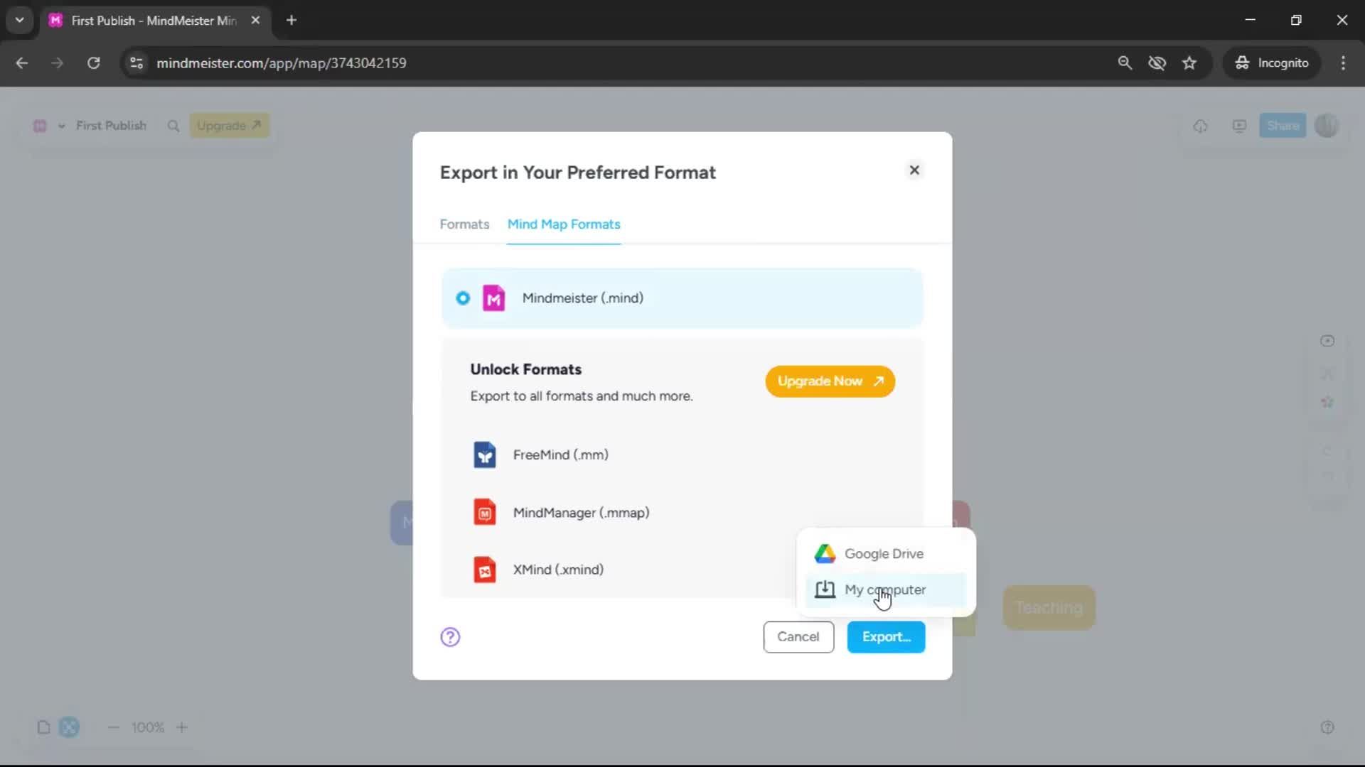 Exporting data screenshot